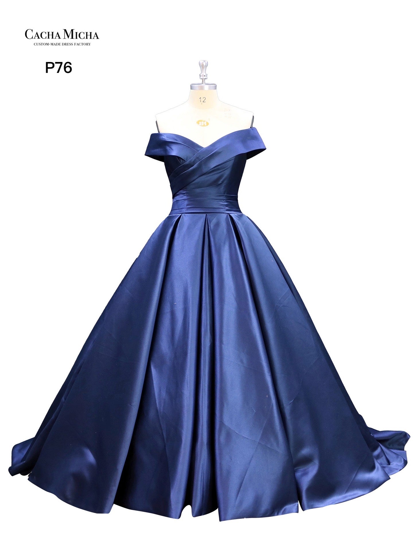 Off Shoulder Pleated Top Ball Gown Satin Prom Dress P76