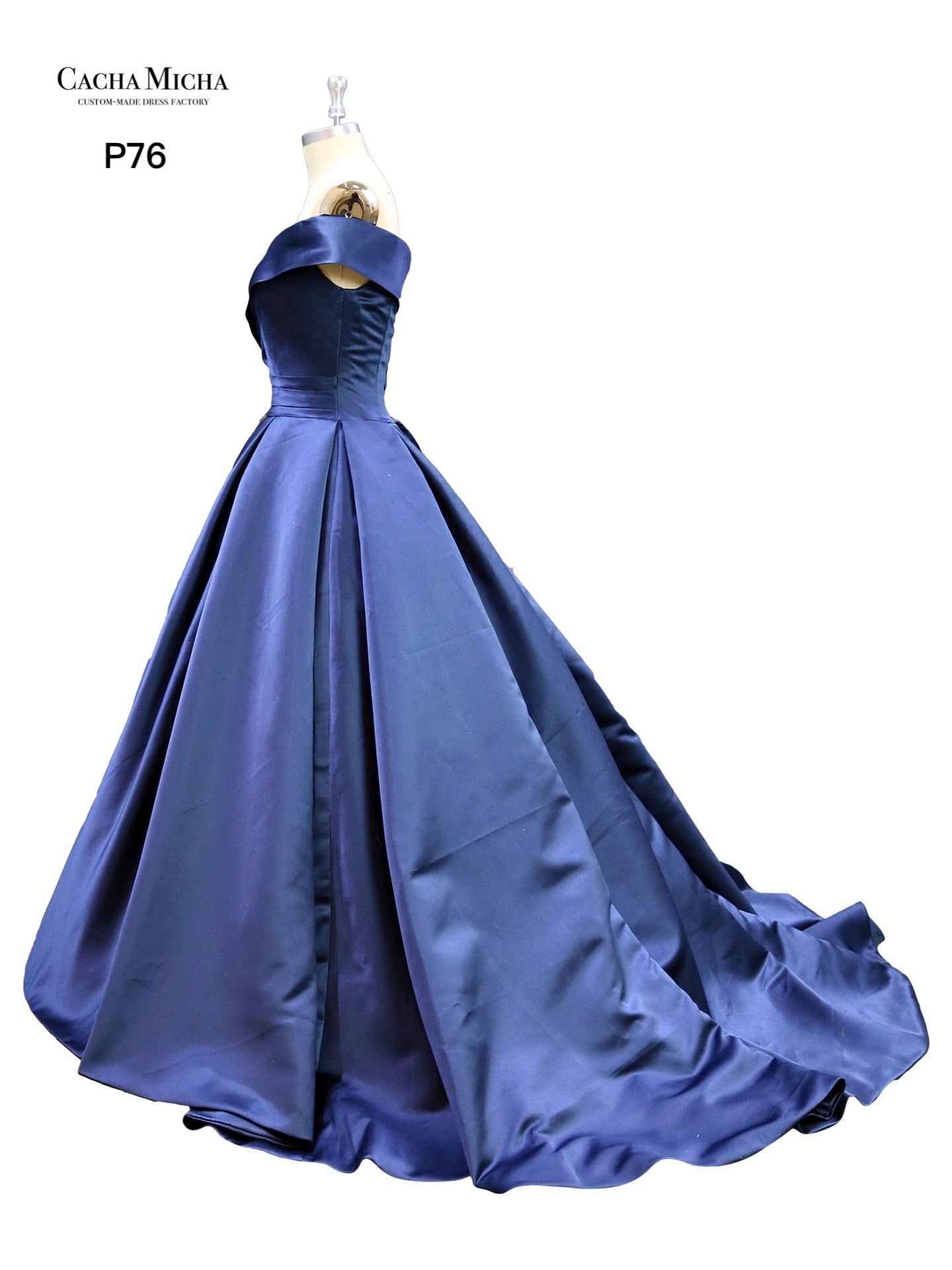 Off Shoulder Pleated Top Ball Gown Satin Prom Dress P76