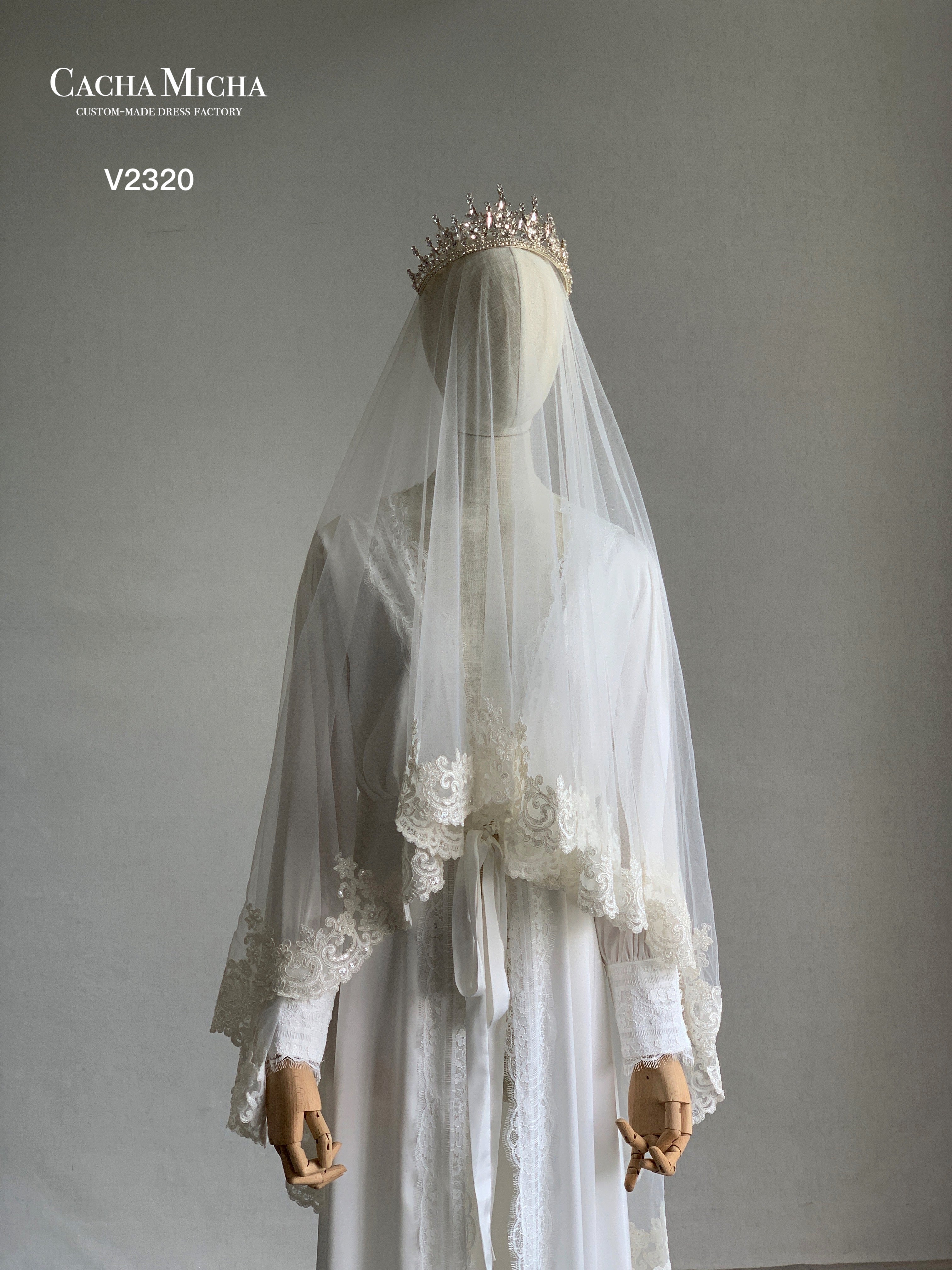 French Lace Trimming Waltz Length Bridal Veil V2320