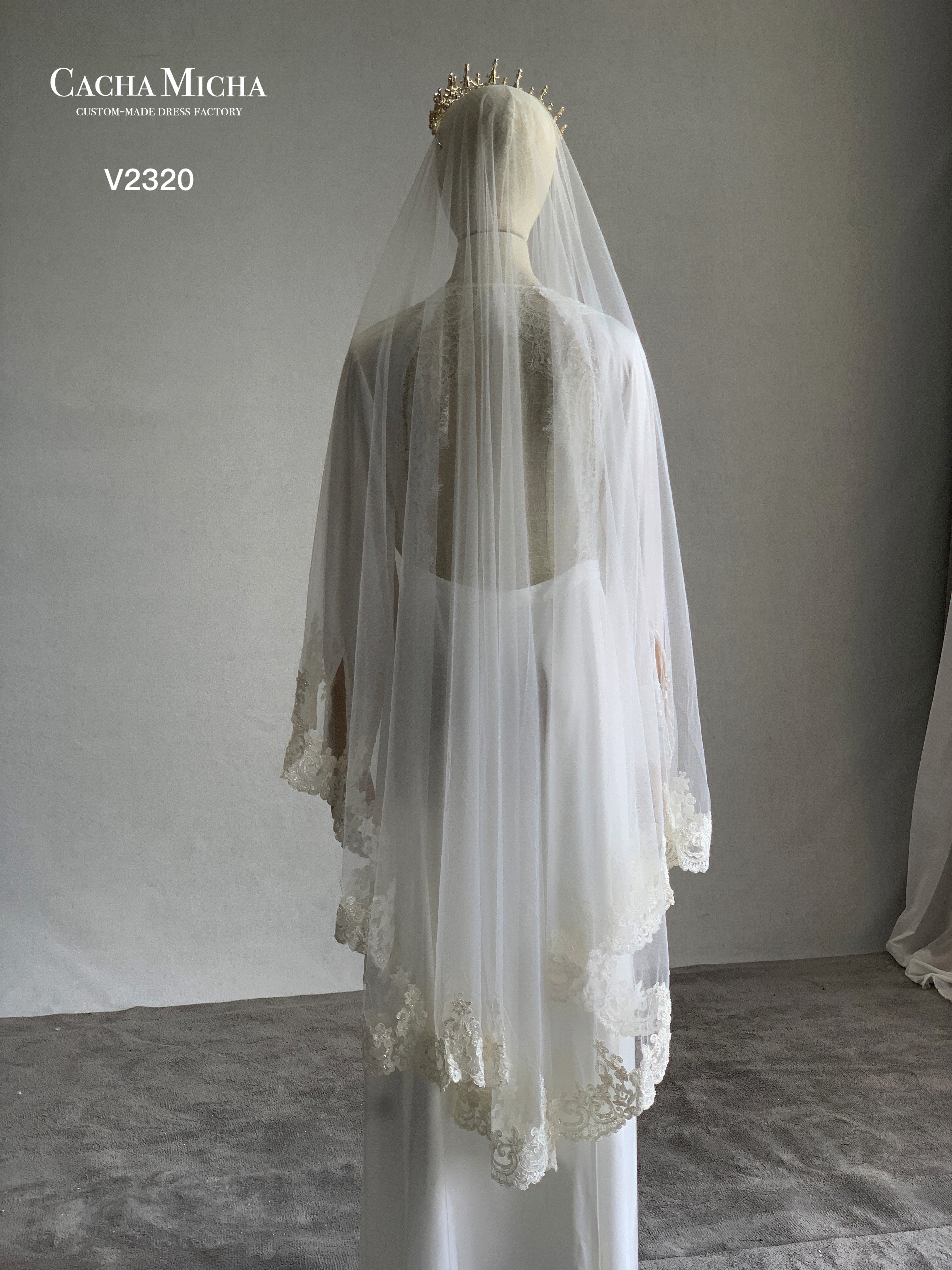 French Lace Trimming Waltz Length Bridal Veil V2320