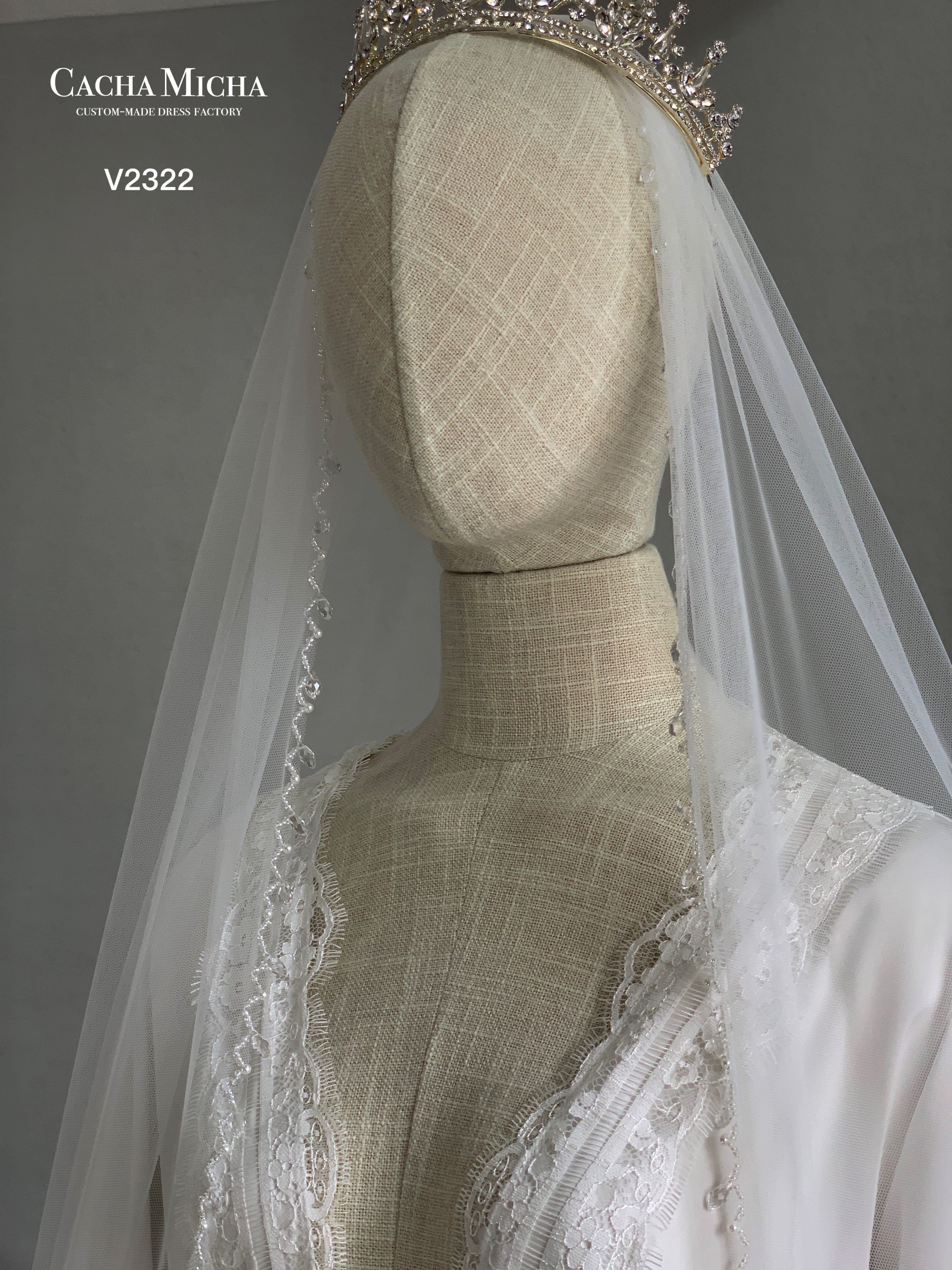 Tear Drop Beaded Edge Floor Length Bridal Veil V2321