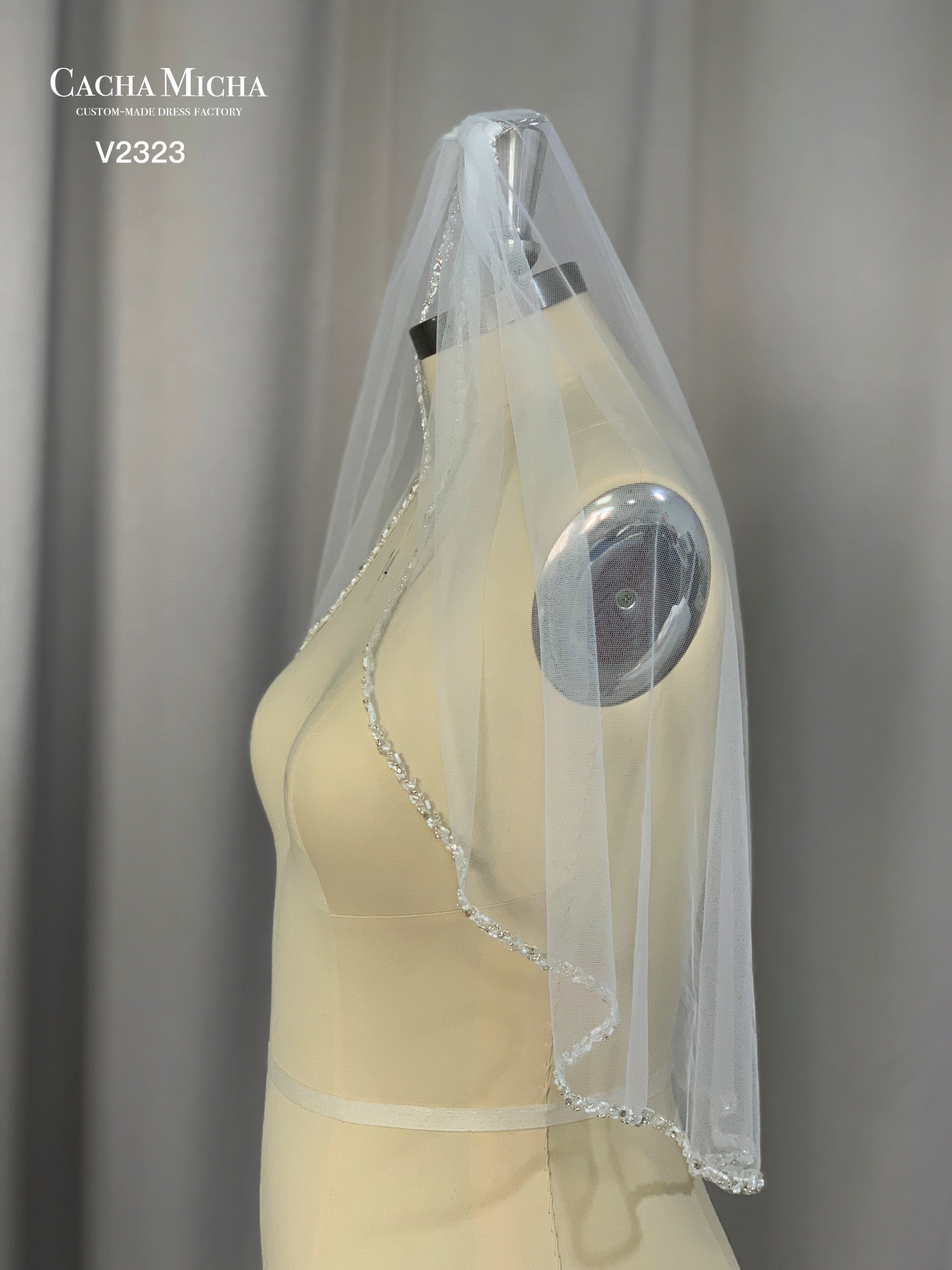 Beaded Edge Waist Length Bridal Veil V2323