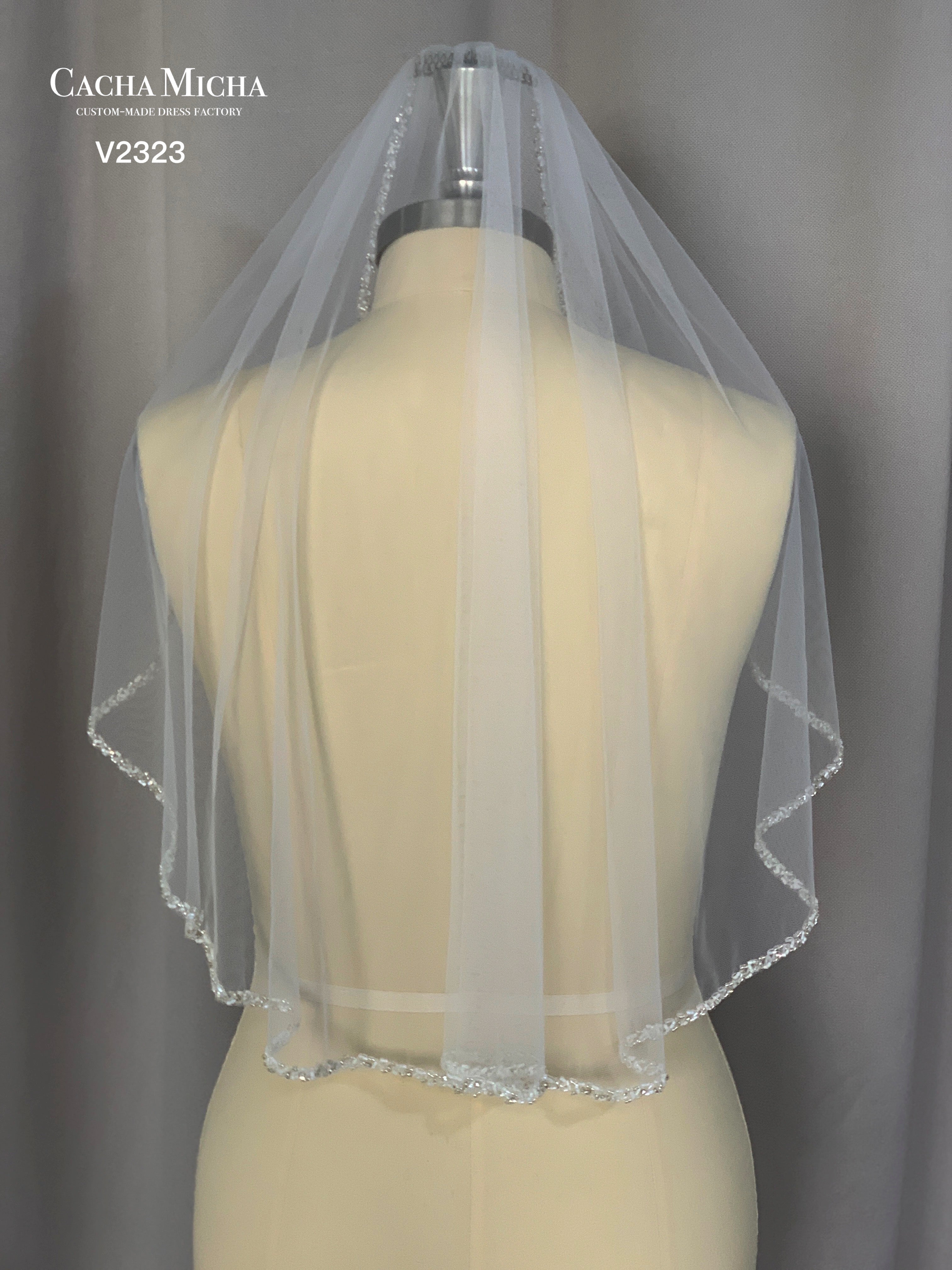 Beaded Edge Waist Length Bridal Veil V2323