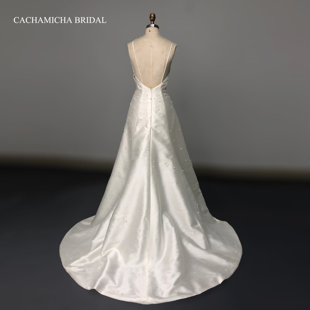 pearl beaded spaghetti straps satin wedding dress 1035