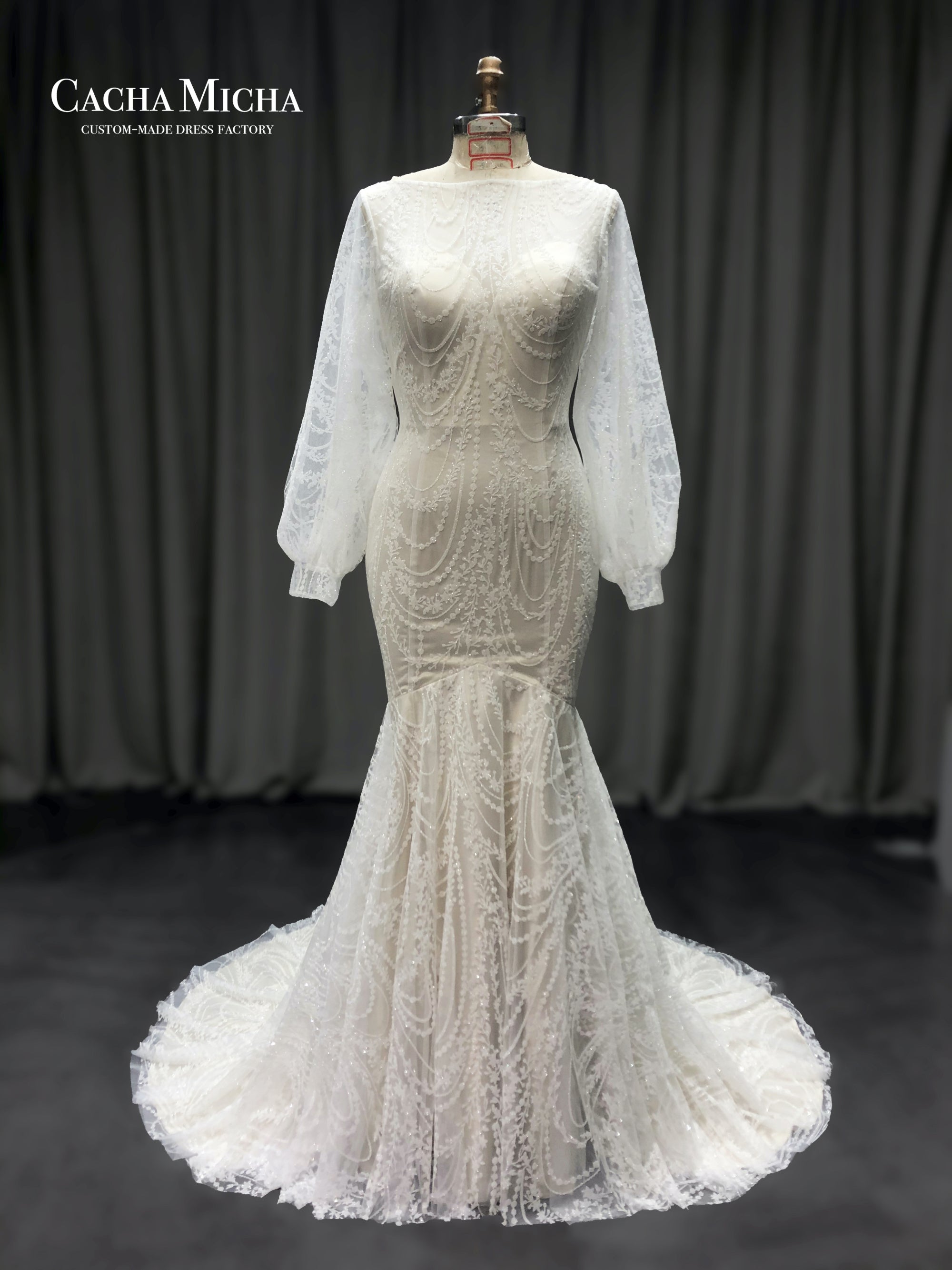 glitter lace long sleeves mermaid wedding dress 211210