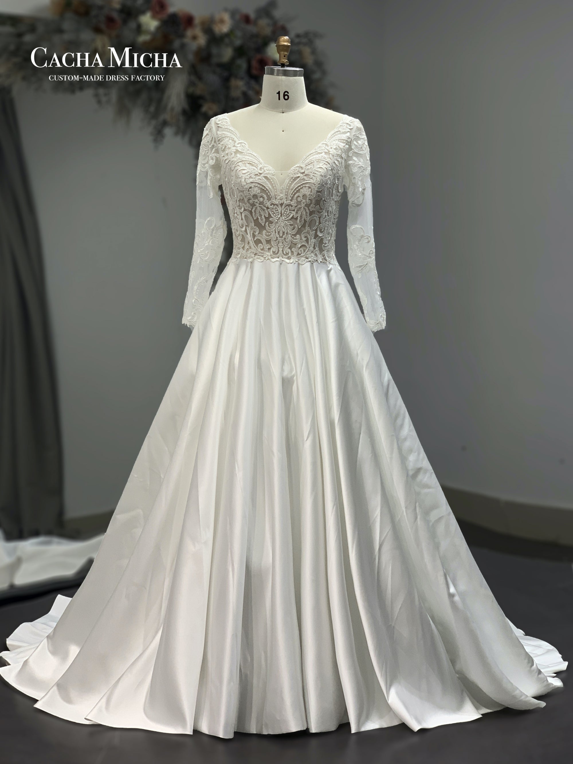 lace long sleeves satin wedding dress 211212