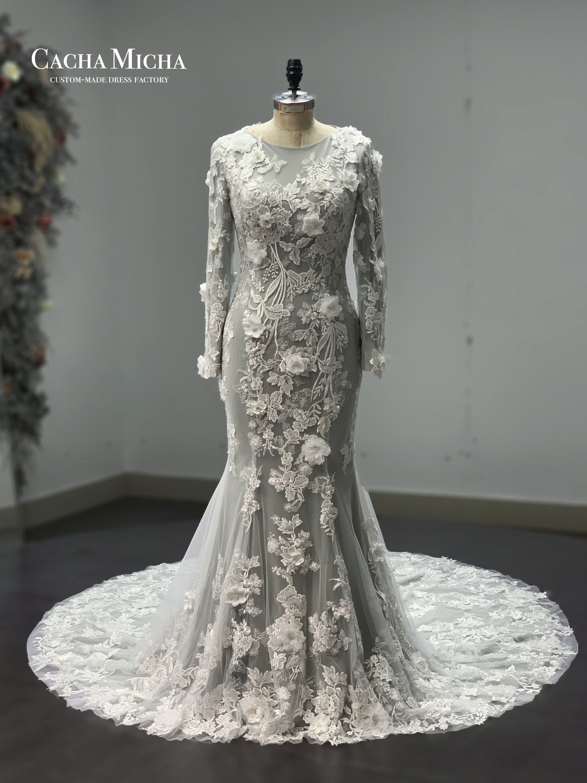 3D flowers lace long sleeves green wedding dress 211220