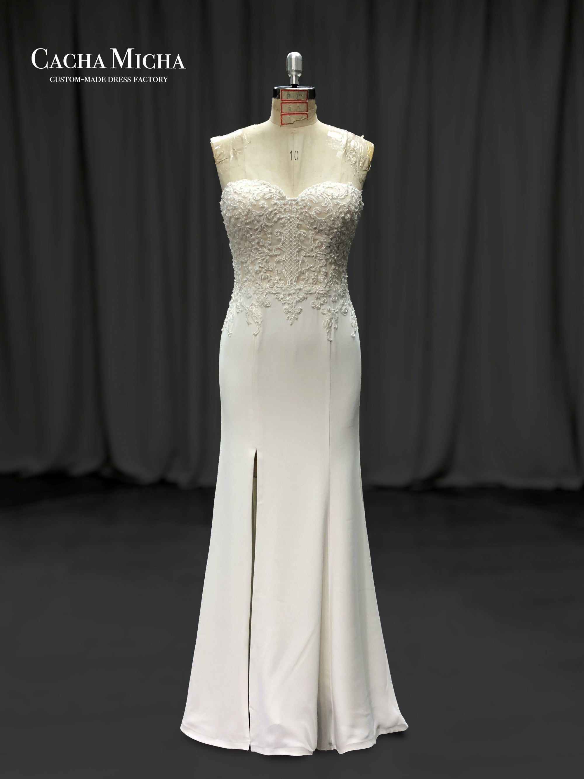 Side slit beaded lace top crepe wedding dress 211224