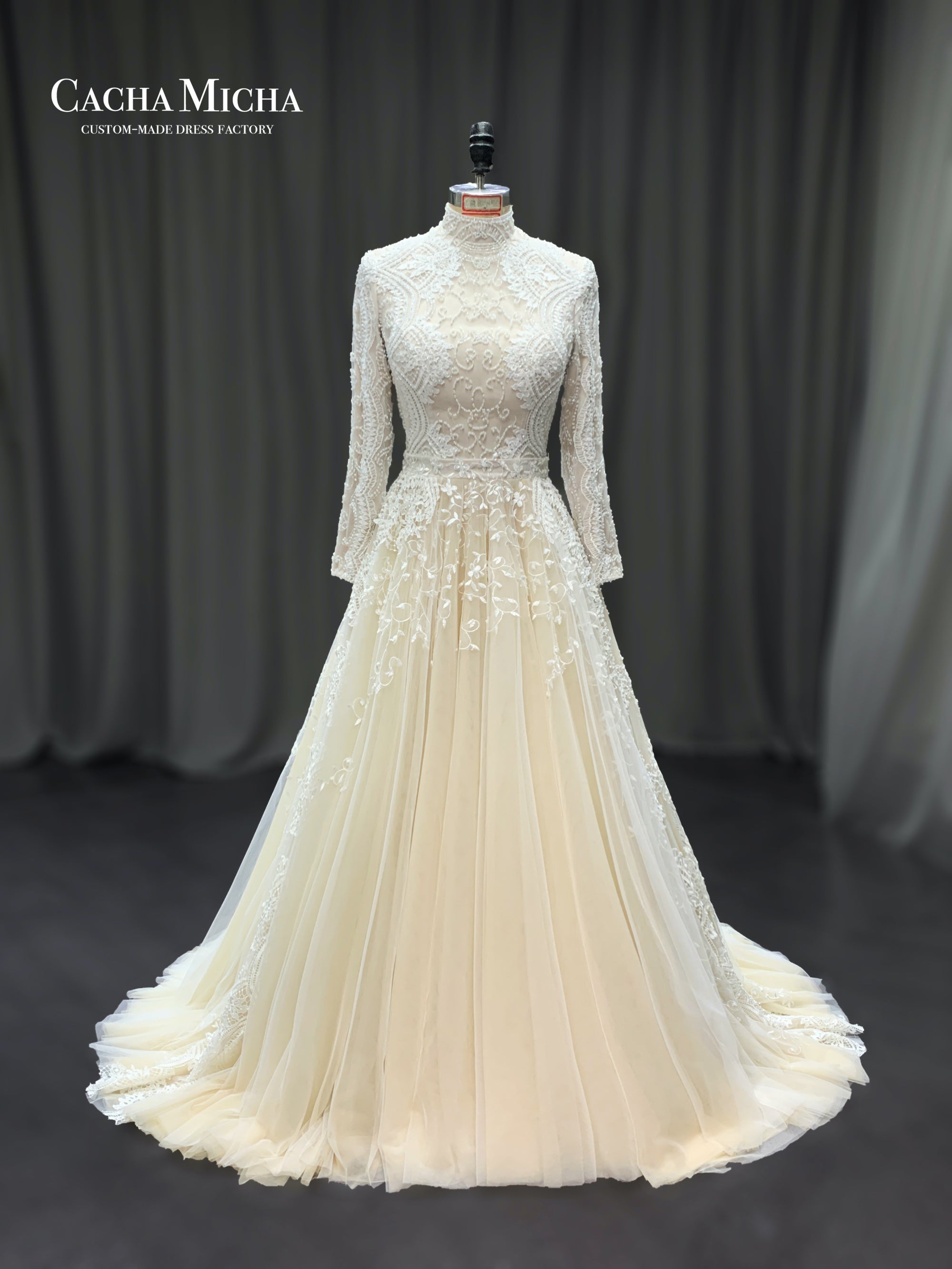 modest long sleeves champagne wedding dress 211227