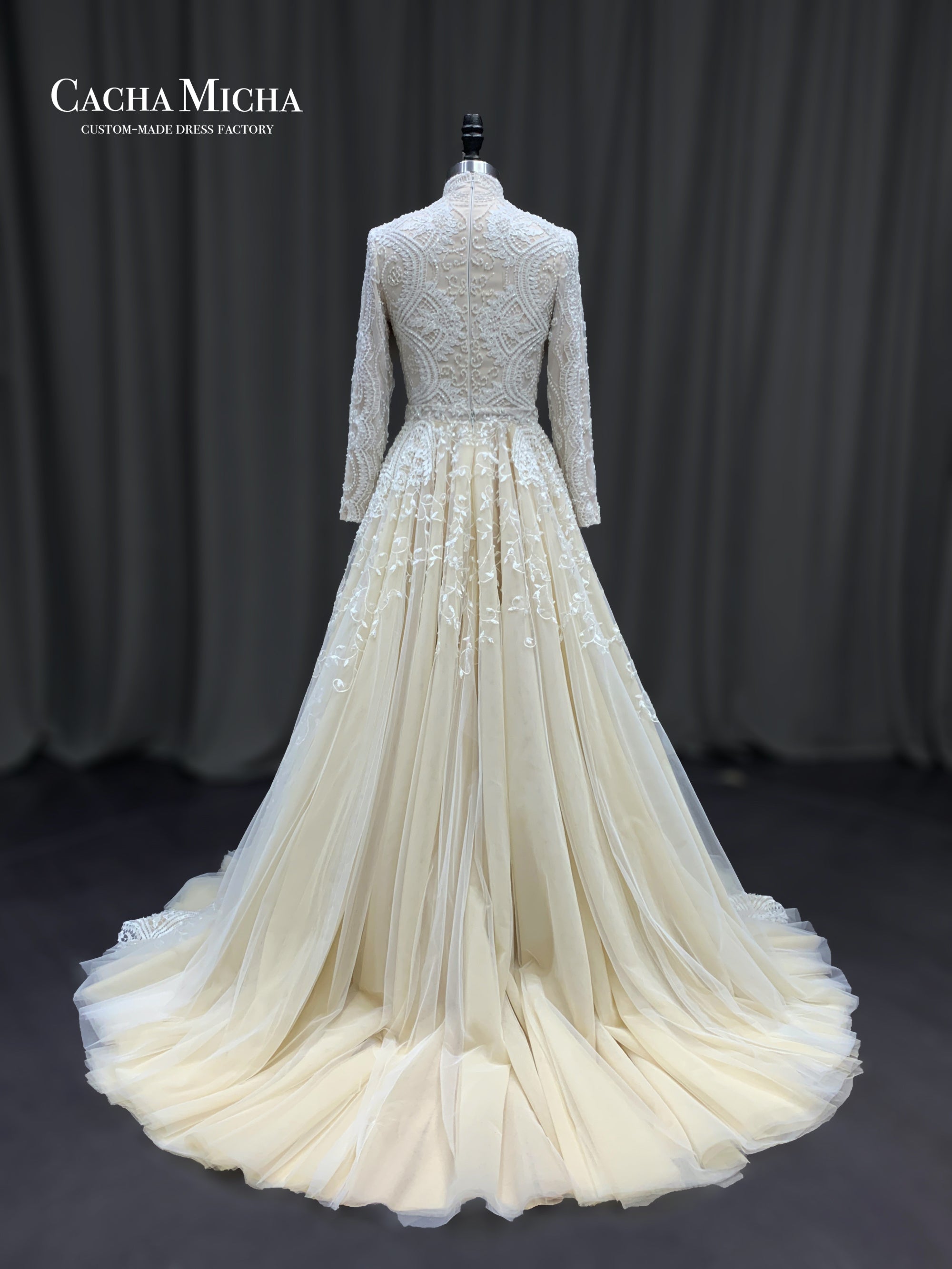 modest long sleeves champagne wedding dress 211227