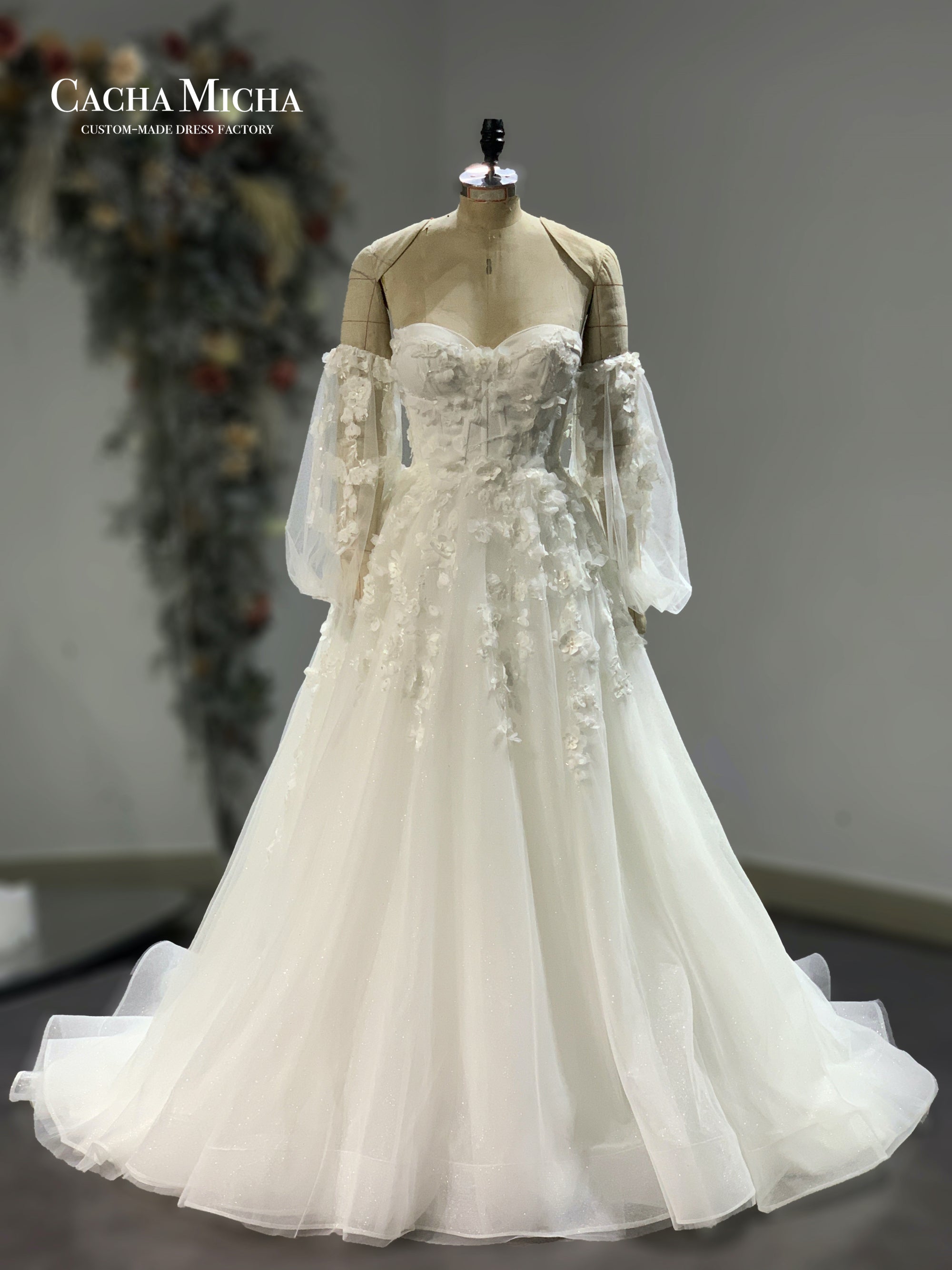 Beaded 3D flower lace ball gown wedding dress 211229