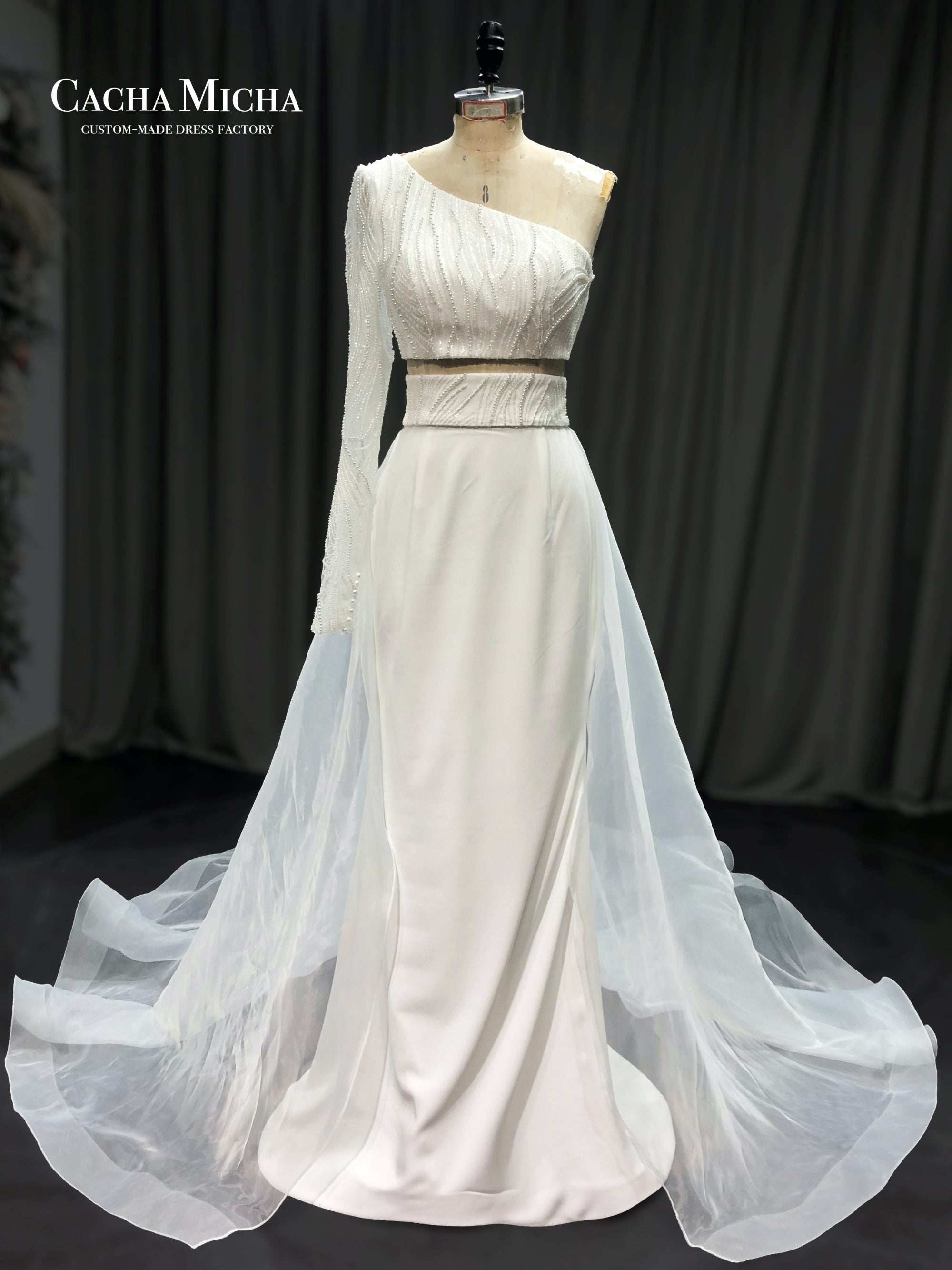 pearl beaded one shoulder crepe bridal dress with over skirt 21123