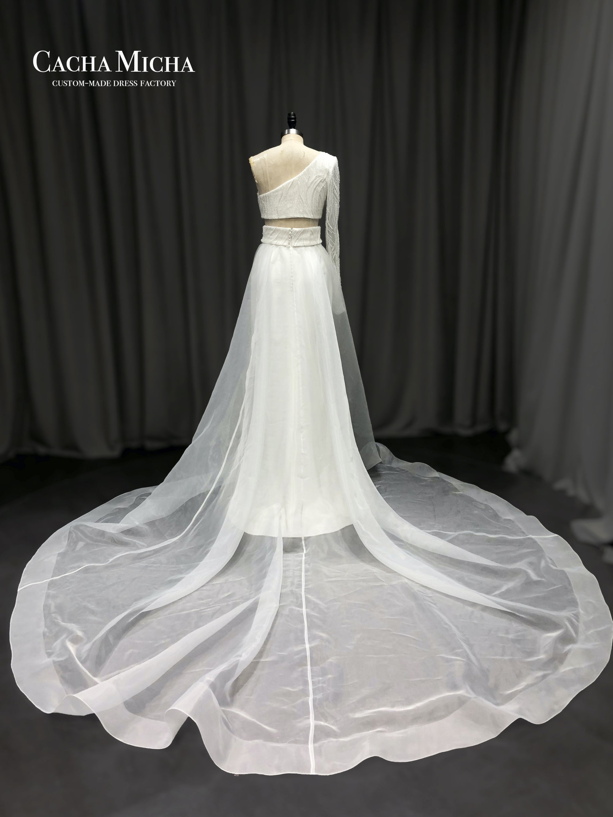 pearl beaded one shoulder crepe bridal dress with over skirt 21123