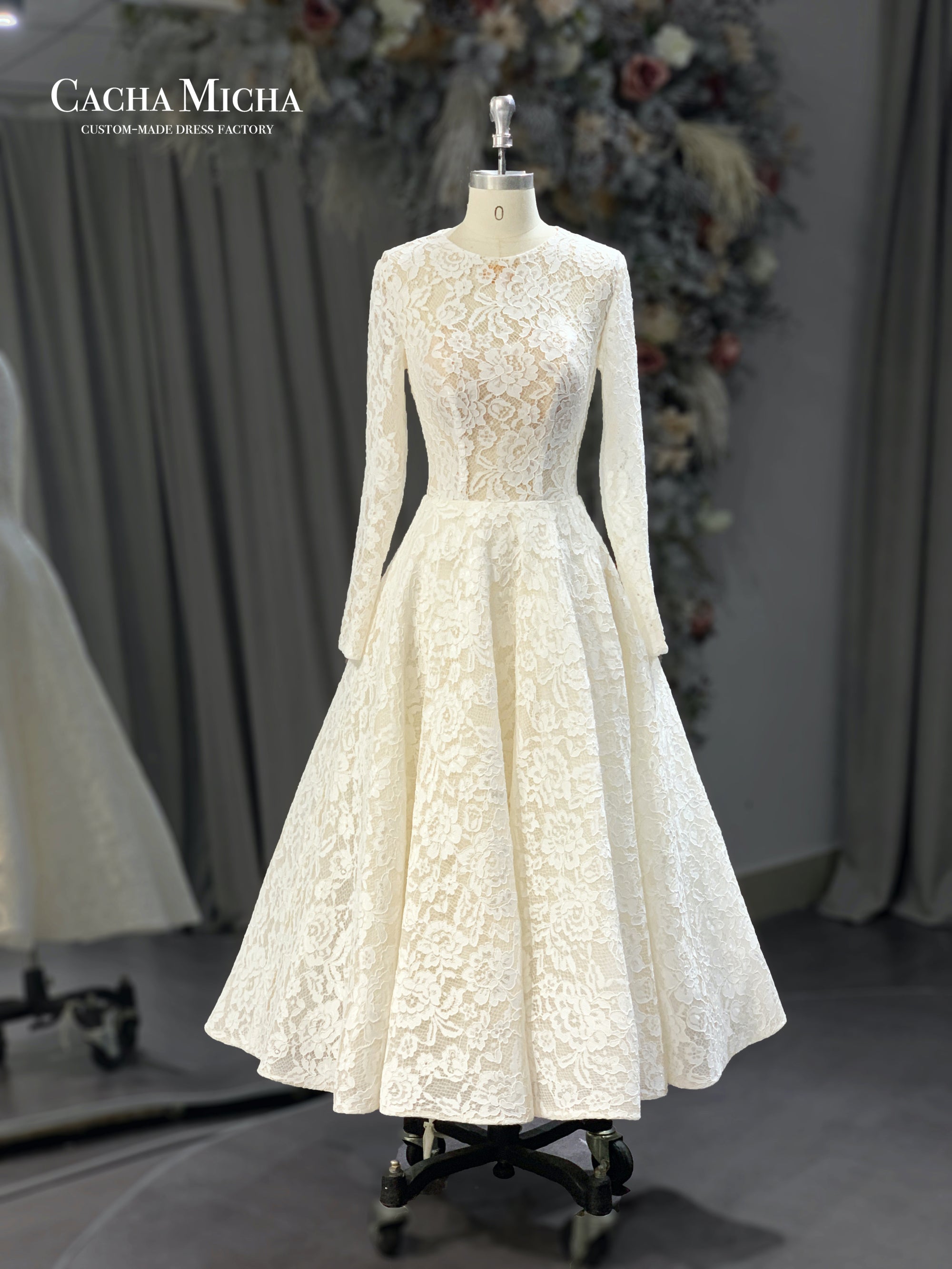 modest lace long sleeves tea length bridal dress 21124