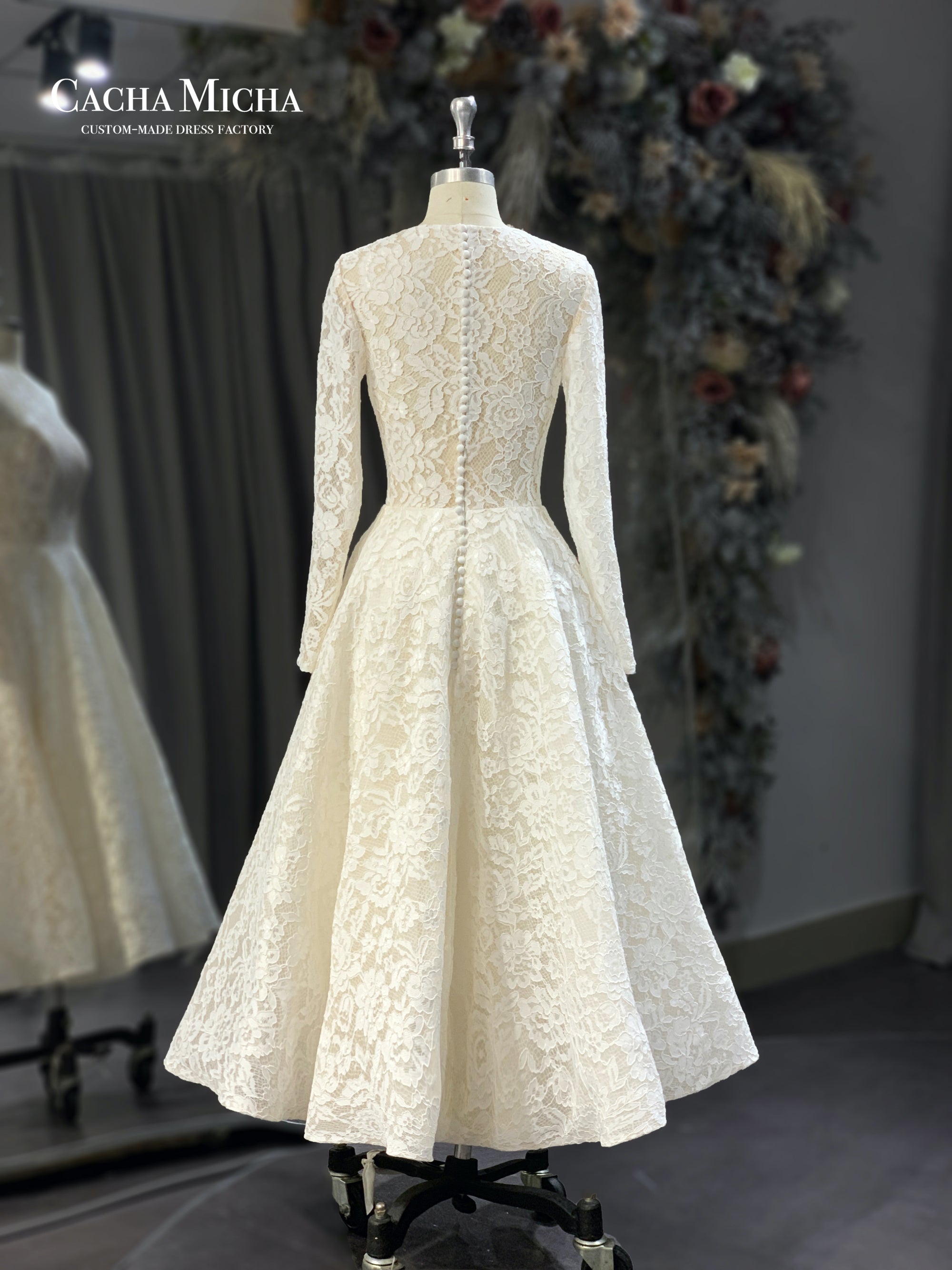 modest lace long sleeves tea length bridal dress 21124