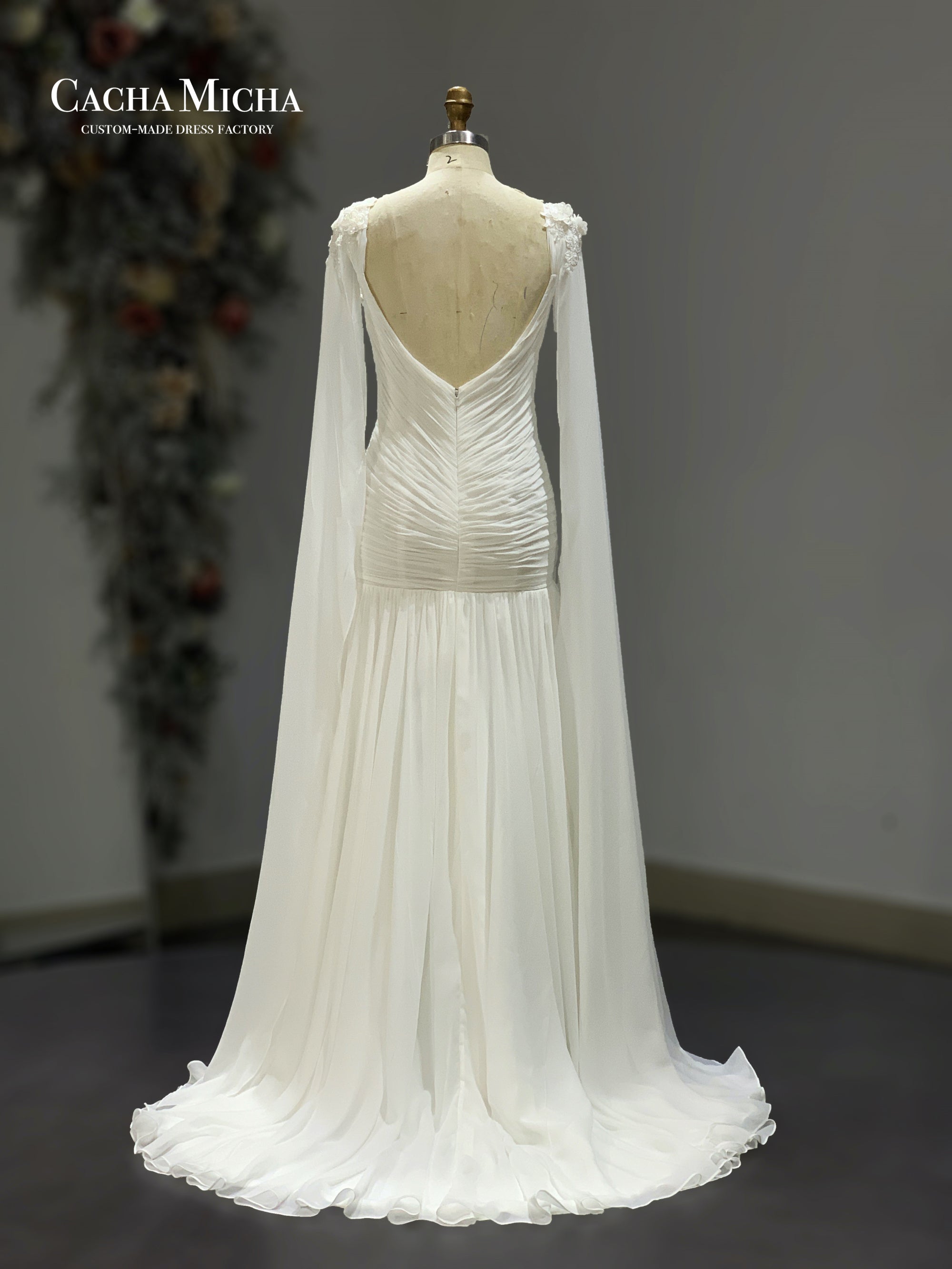 pleated bridal gown with beaded long cape 211242