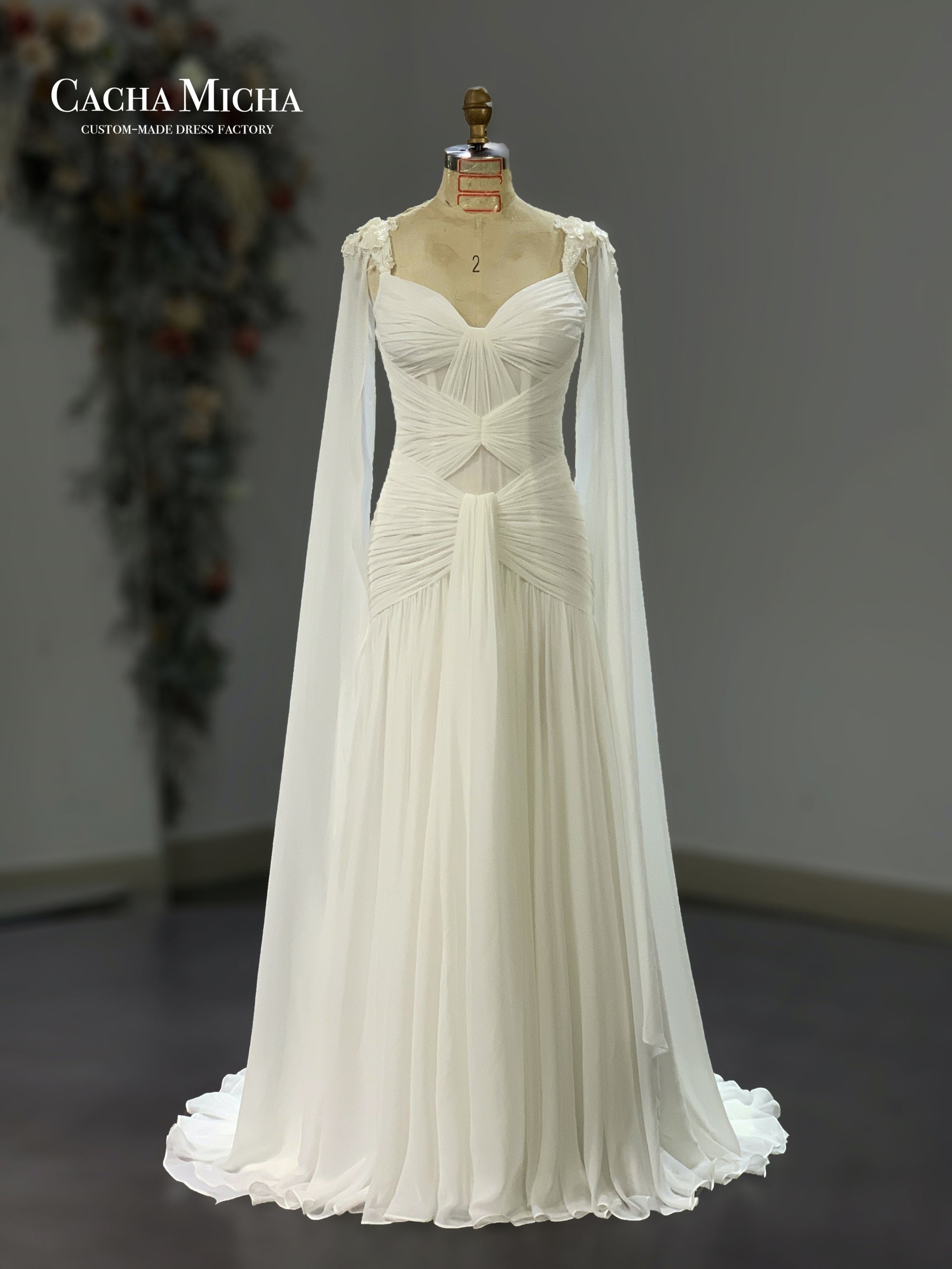 pleated bridal gown with beaded long cape 211242