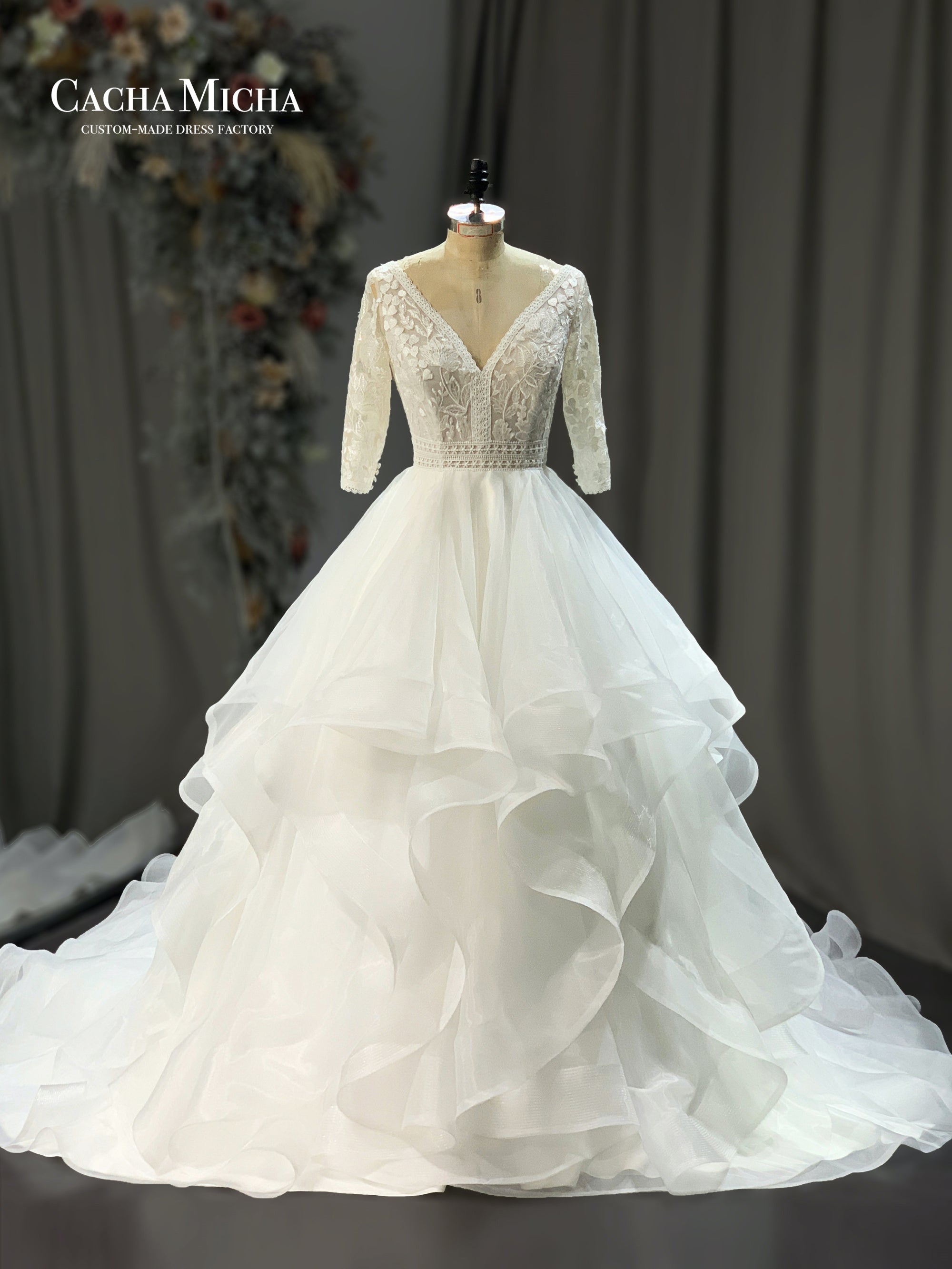 lace long sleeves ruffles wedding dress 21125