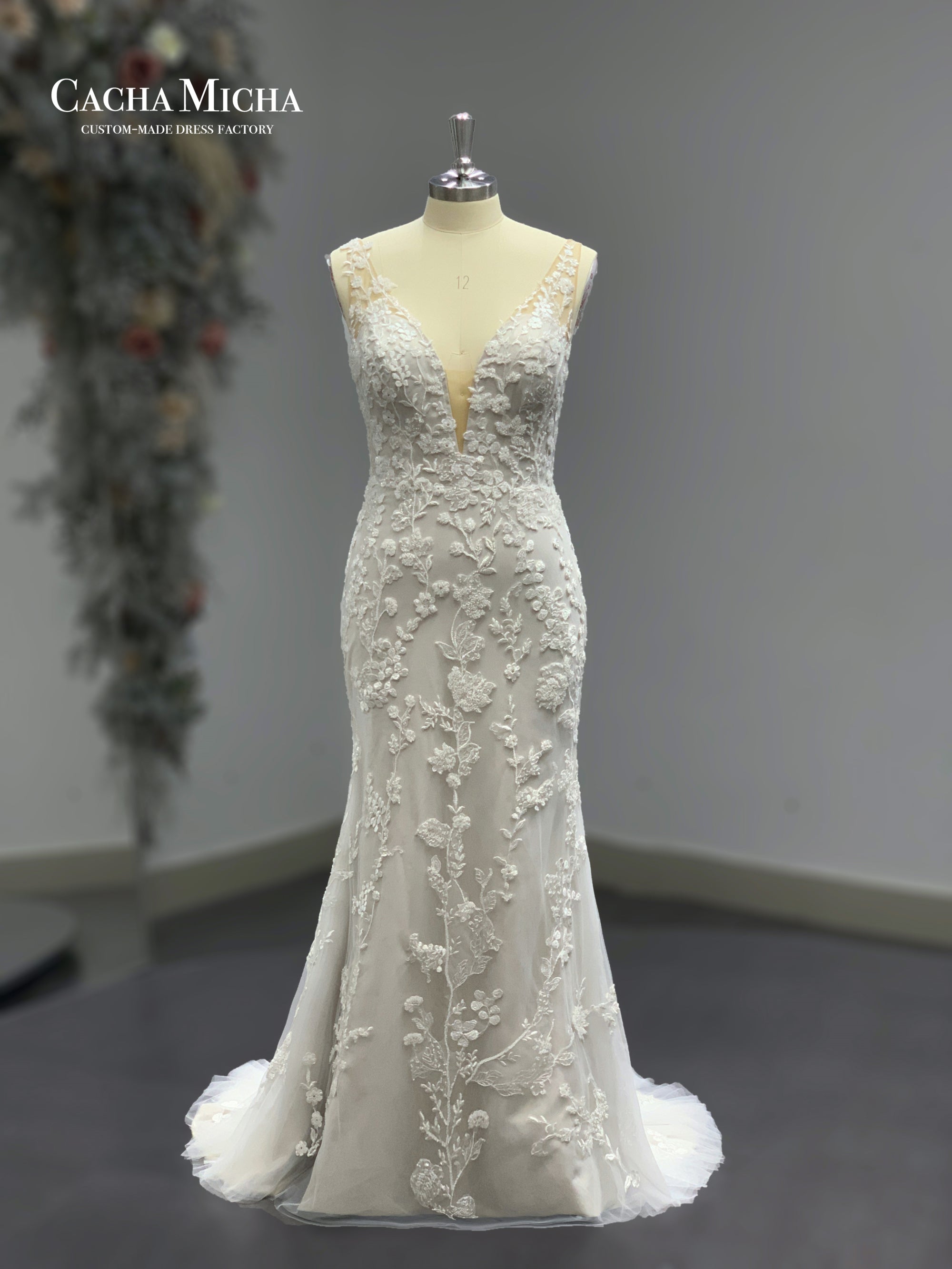Plunging Neck Heavy Beaded Lace Mermaid Bridal Dress R3688