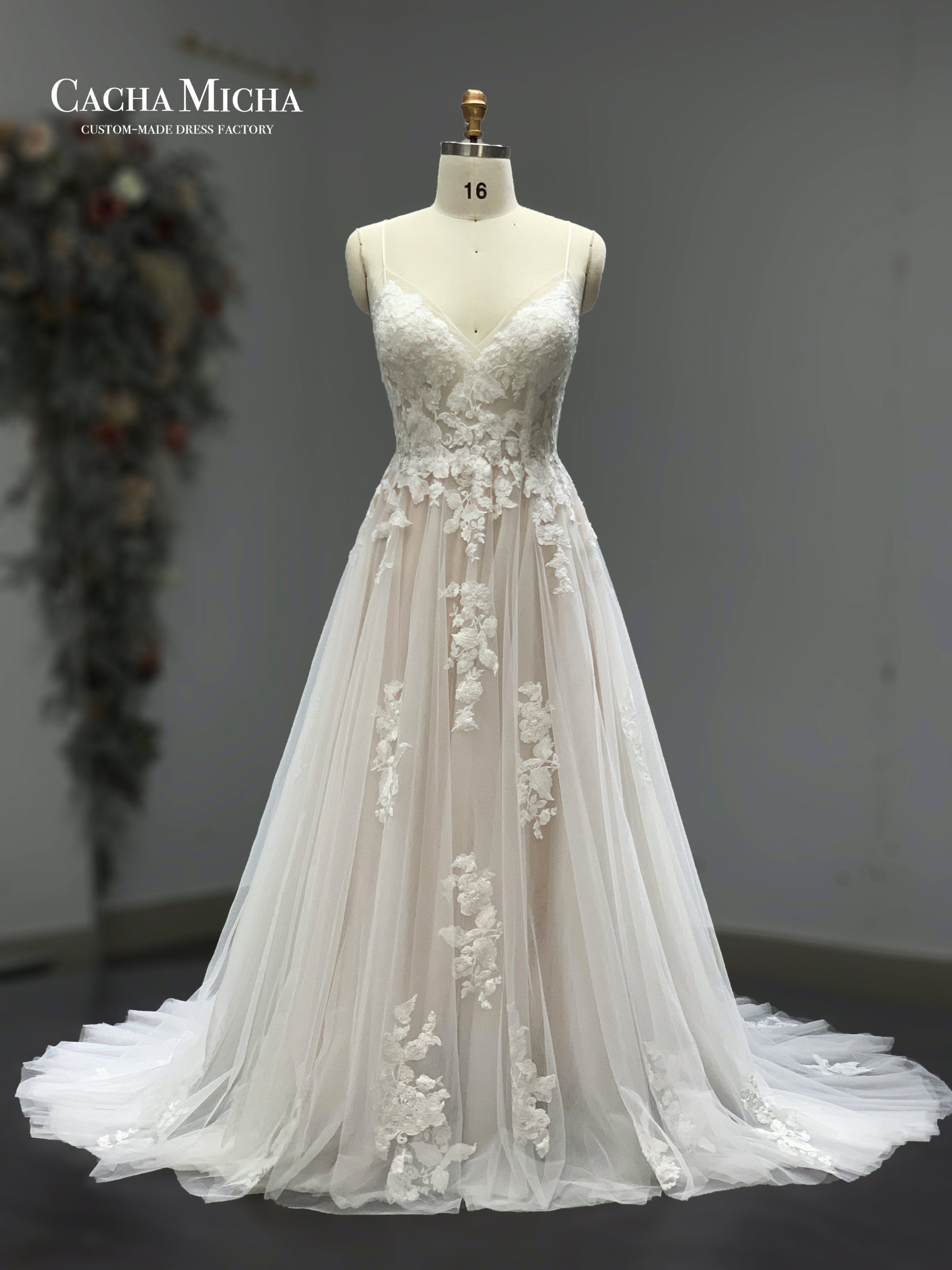 Romantic Lace Illusion Top Blush Pink Bridal Dress R3861