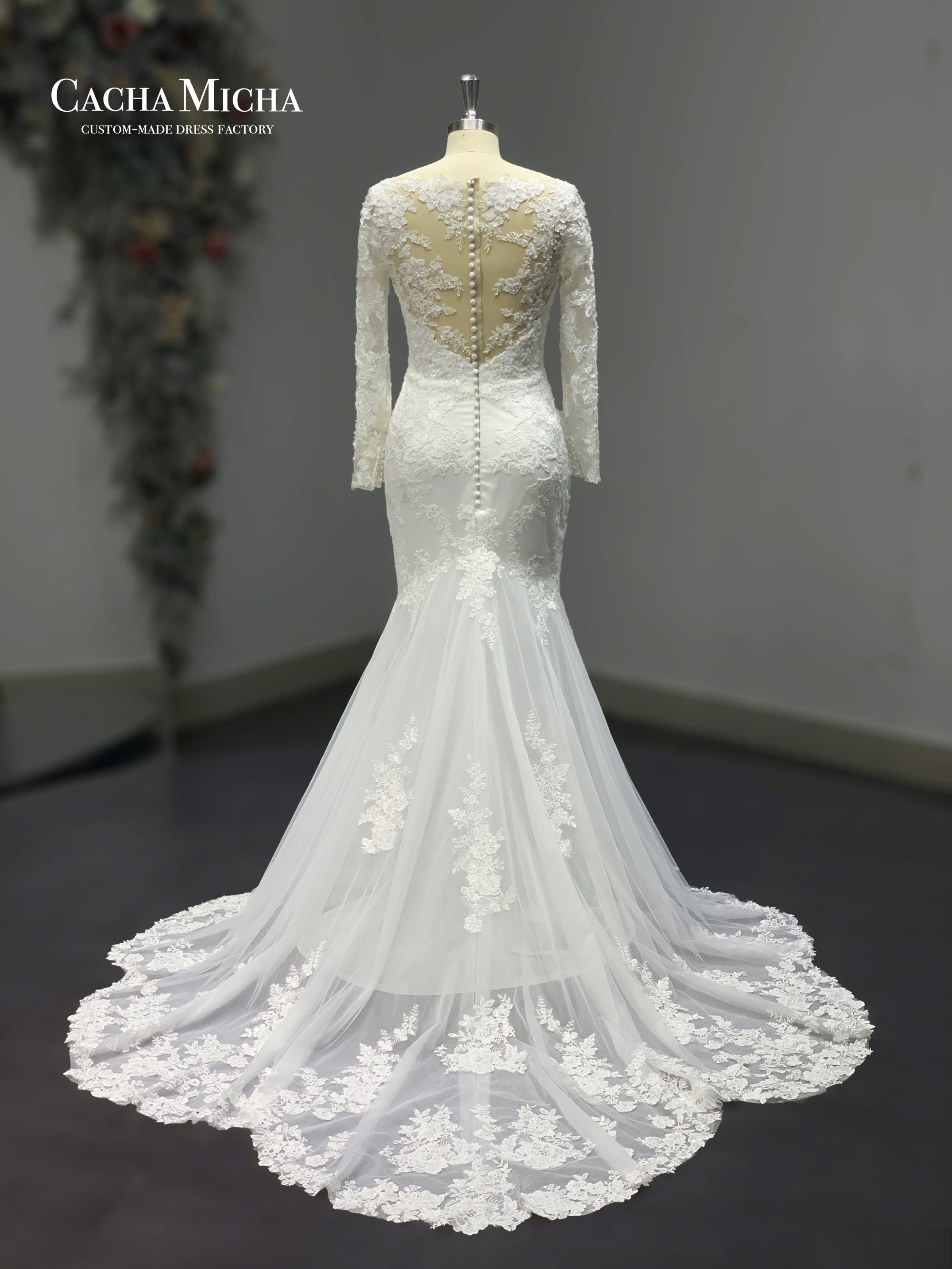 elegant long sleeves floral train bridal gown 211257