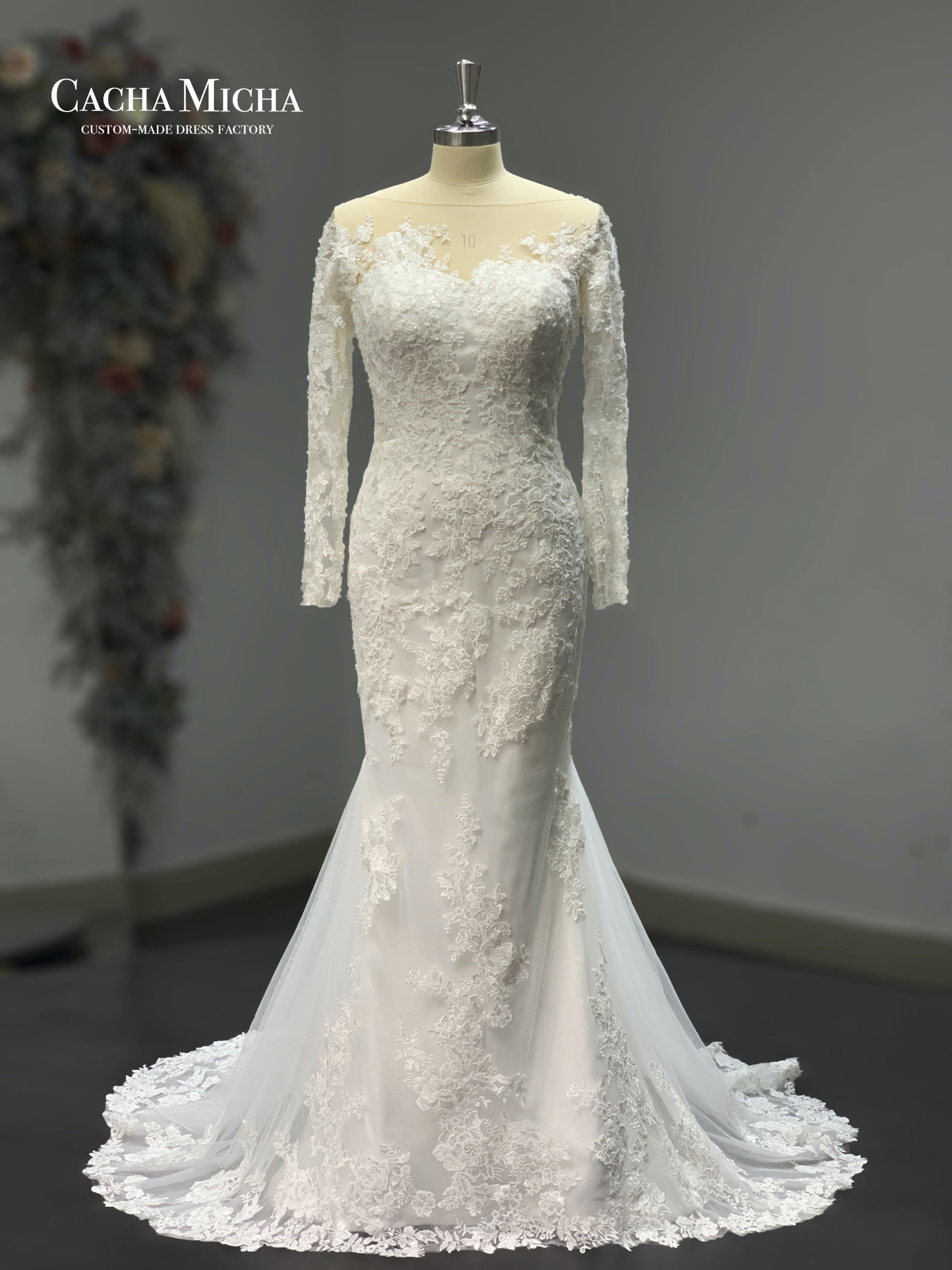 elegant long sleeves floral train bridal gown 211257
