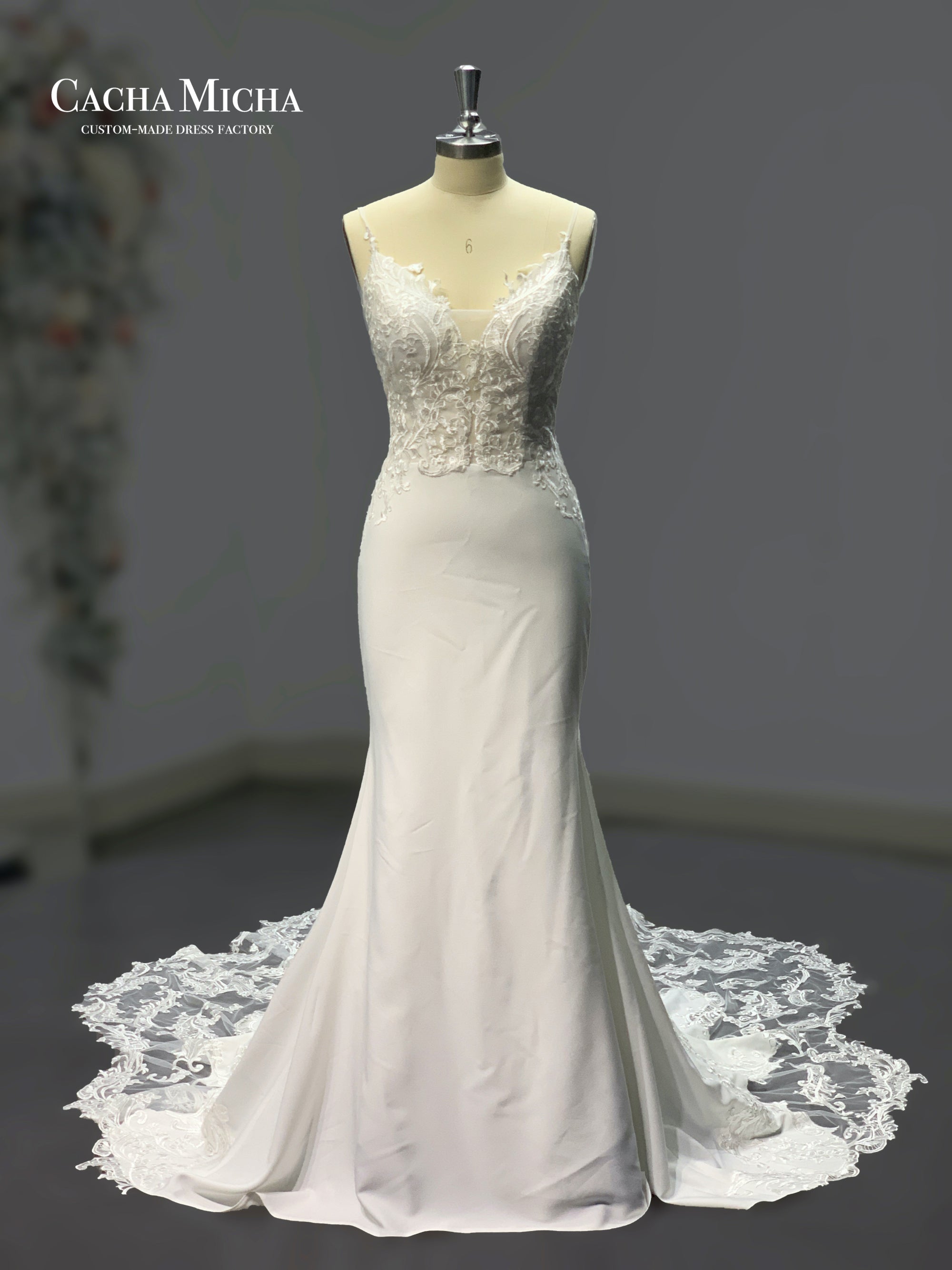 Illusion Floral Train Lace Mermaid Bridal Dress R4177
