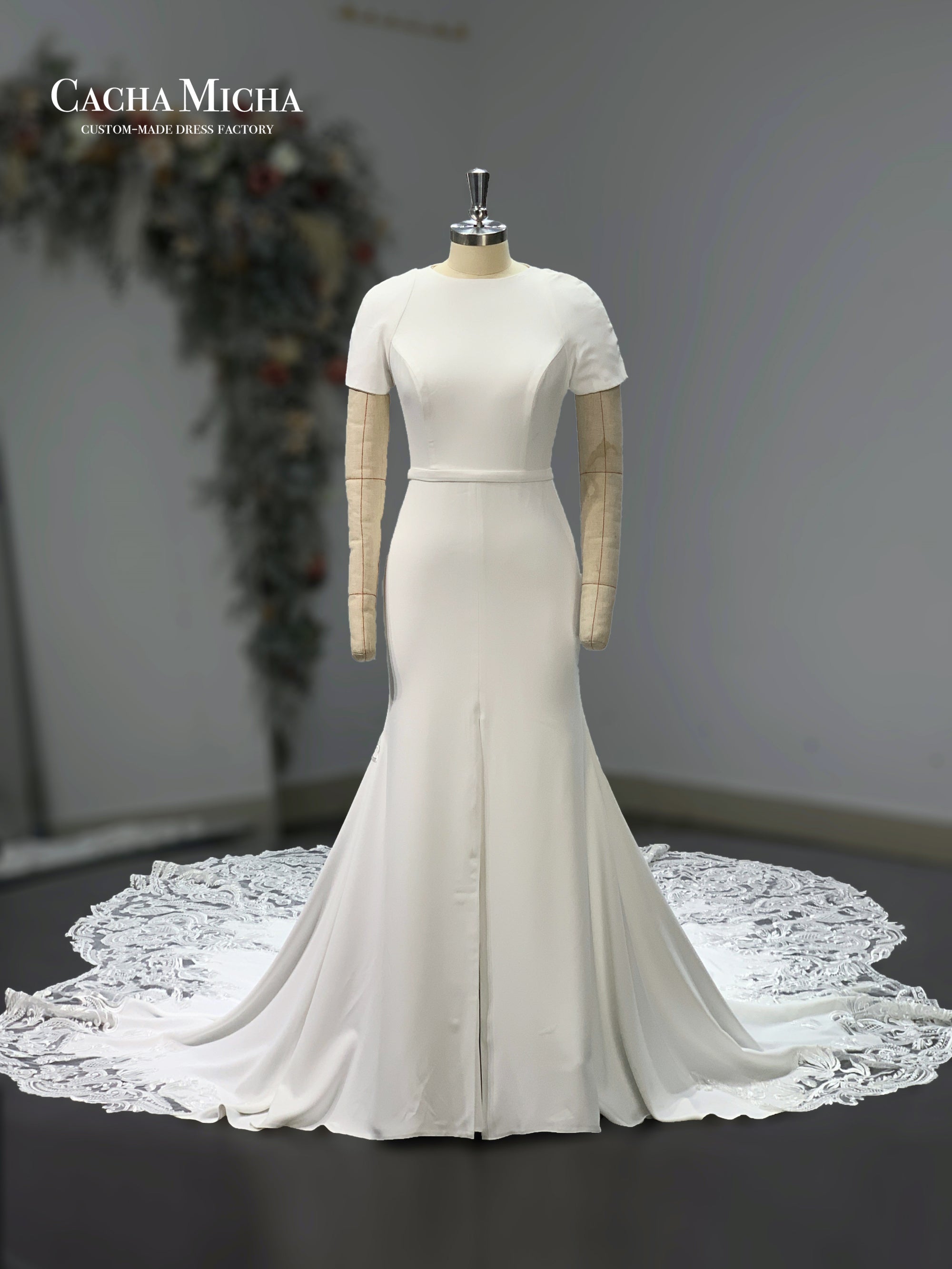 gorgeous floral train lace crepe bridal dress 211245