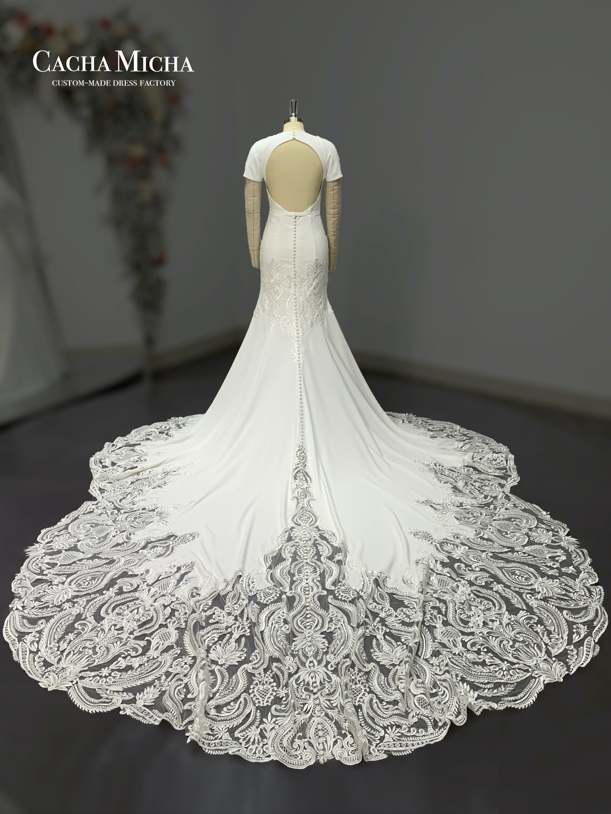 gorgeous floral train lace crepe bridal dress 211245