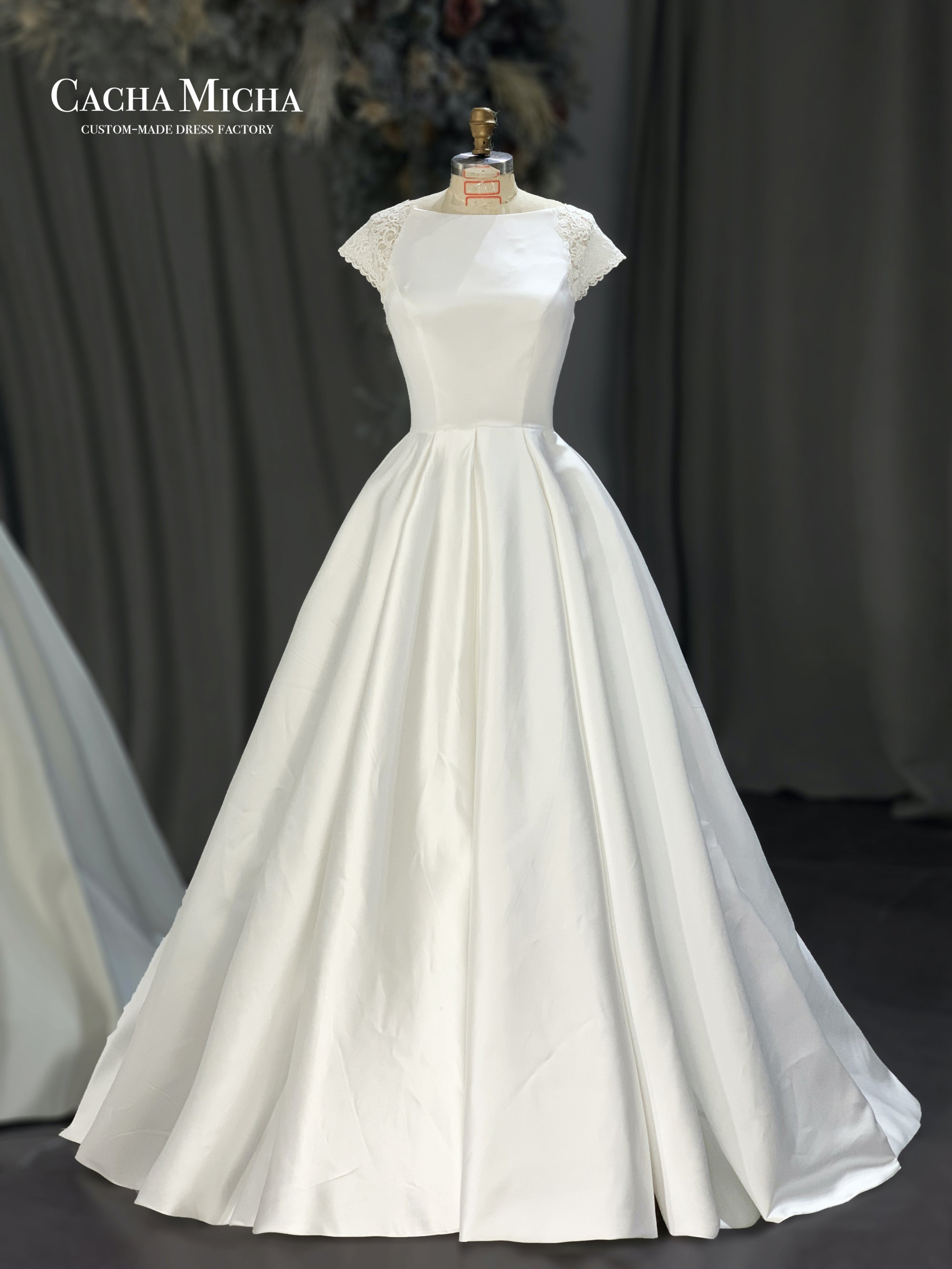 elegant cap sleeves satin wedding dress 21128