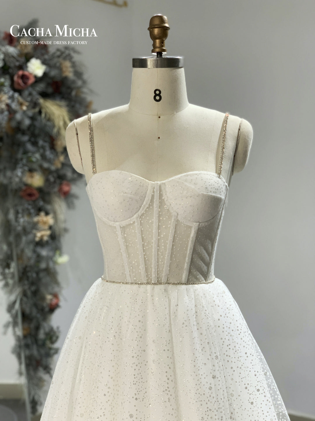 Illusion Top Crystal Spaghetti Straps Shinny Glitter Bridal Dress R2883