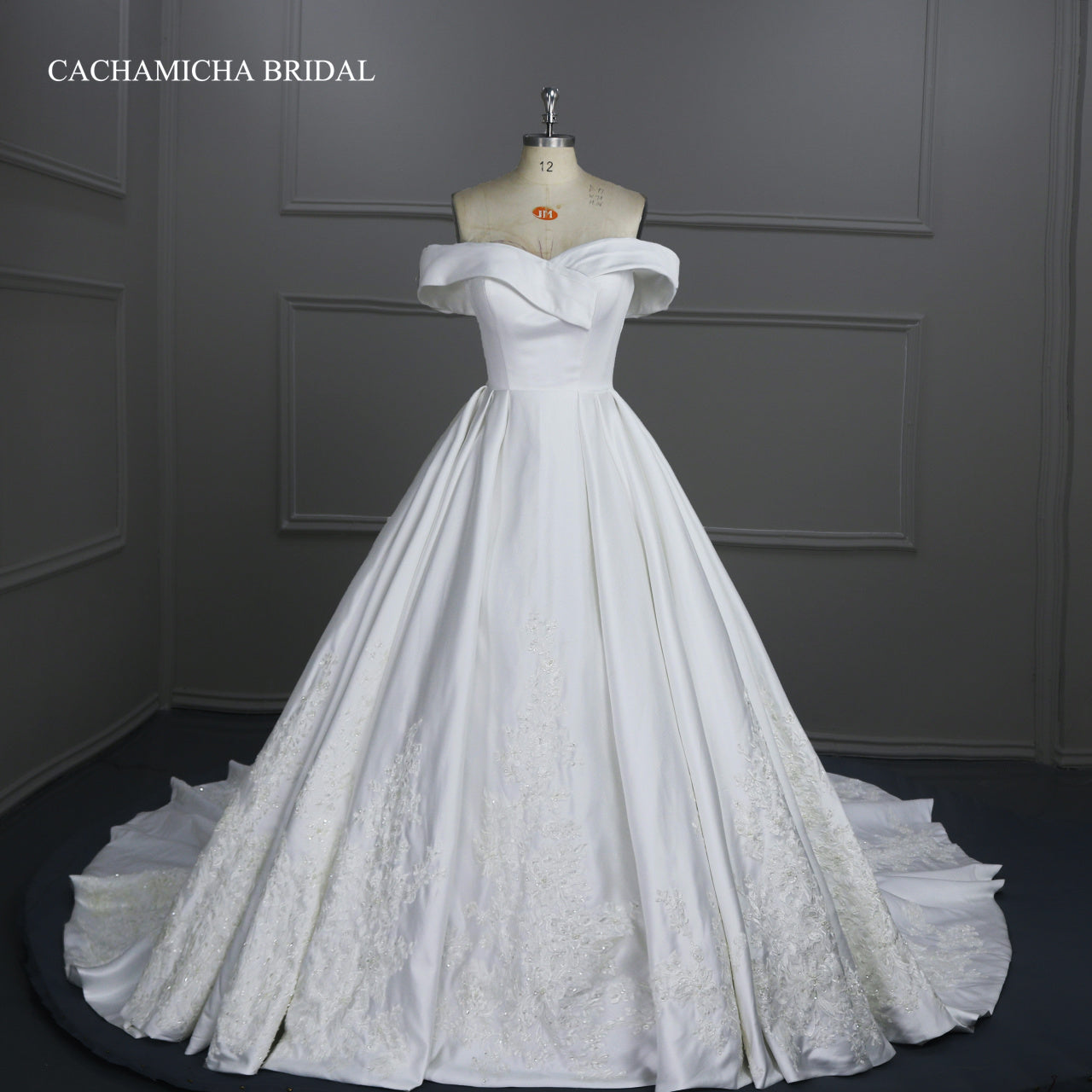 Long Train Off Shoulder Lace Satin Wedding Dress CMA81302