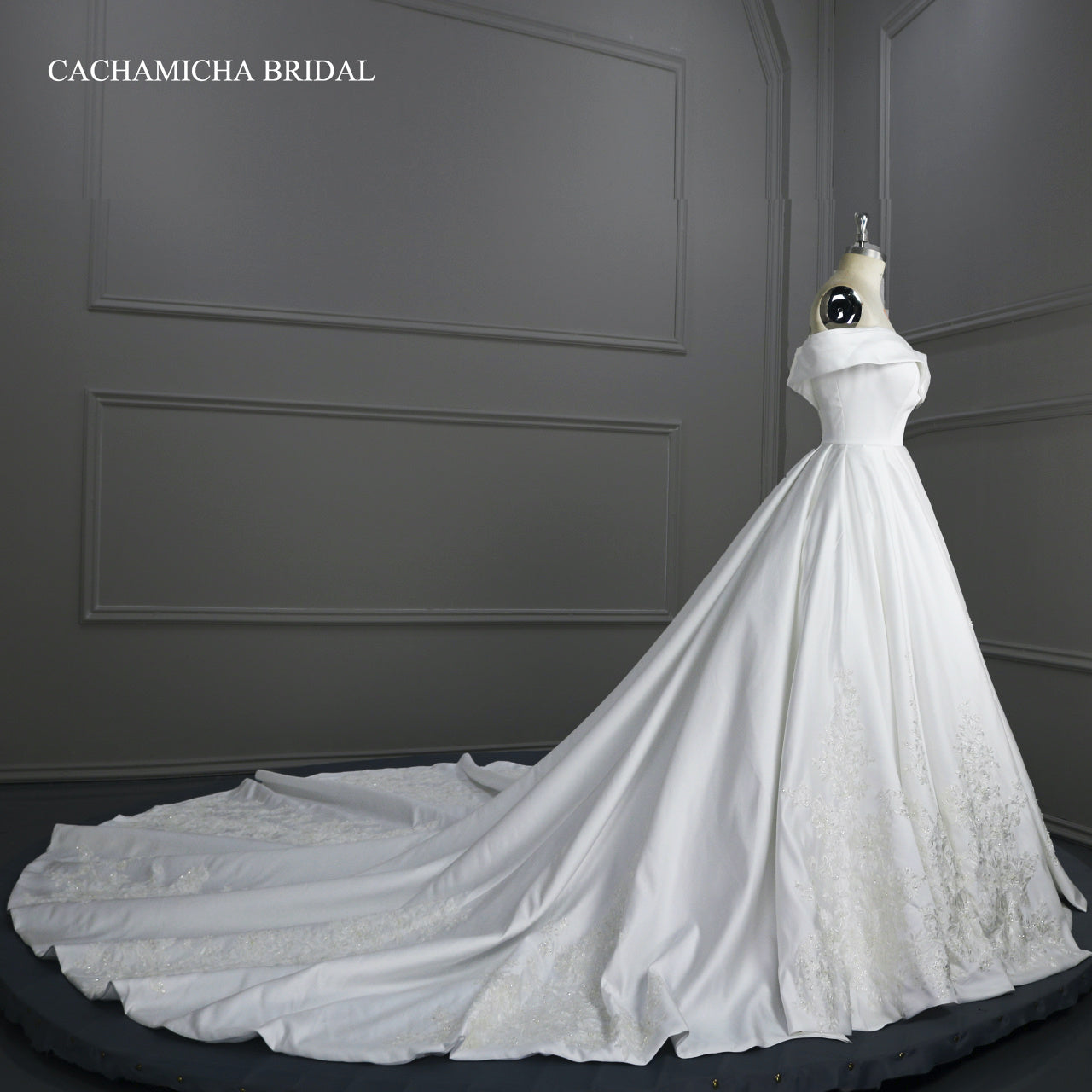 Long Train Off Shoulder Lace Satin Wedding Dress CMA81302