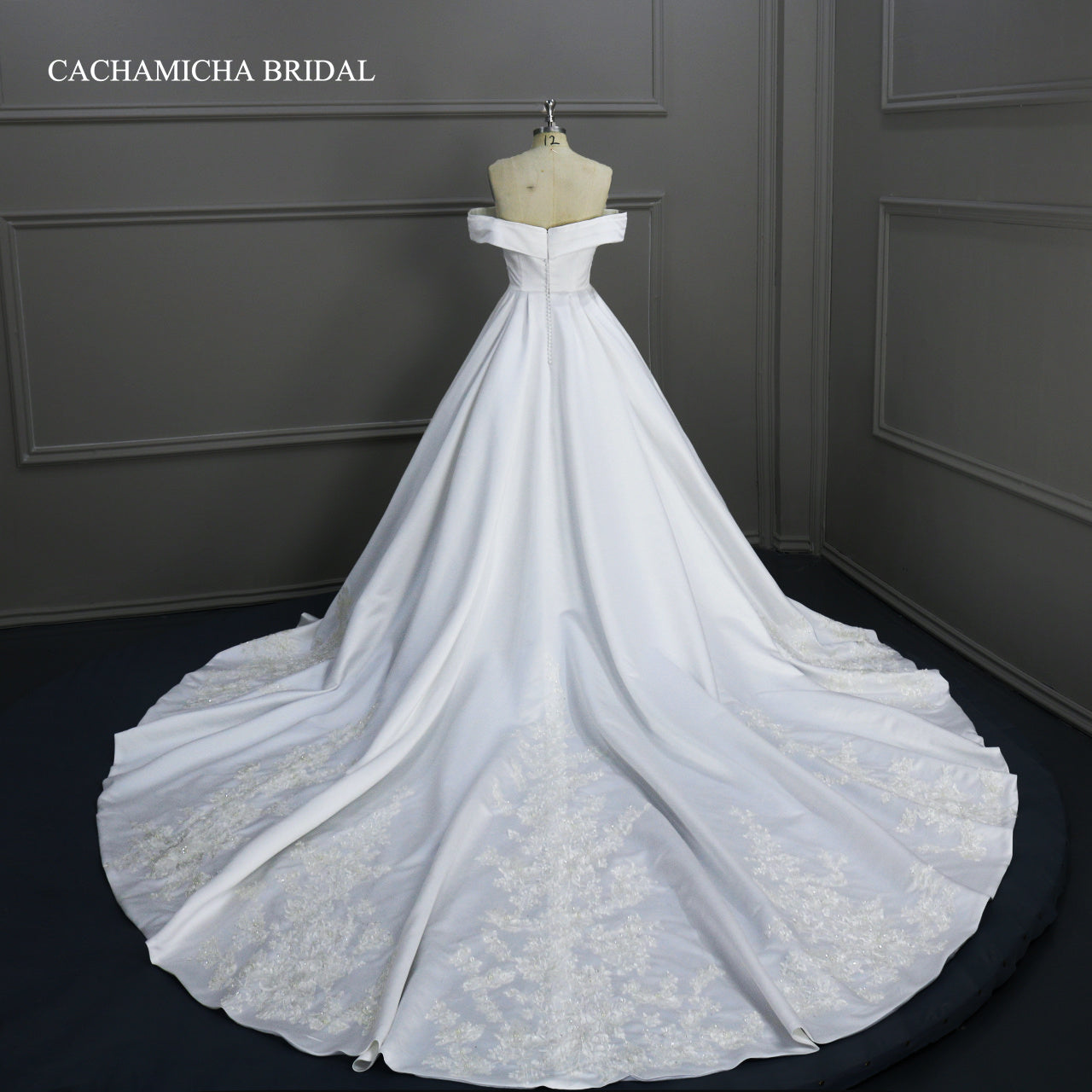 Long Train Off Shoulder Lace Satin Wedding Dress CMA81302