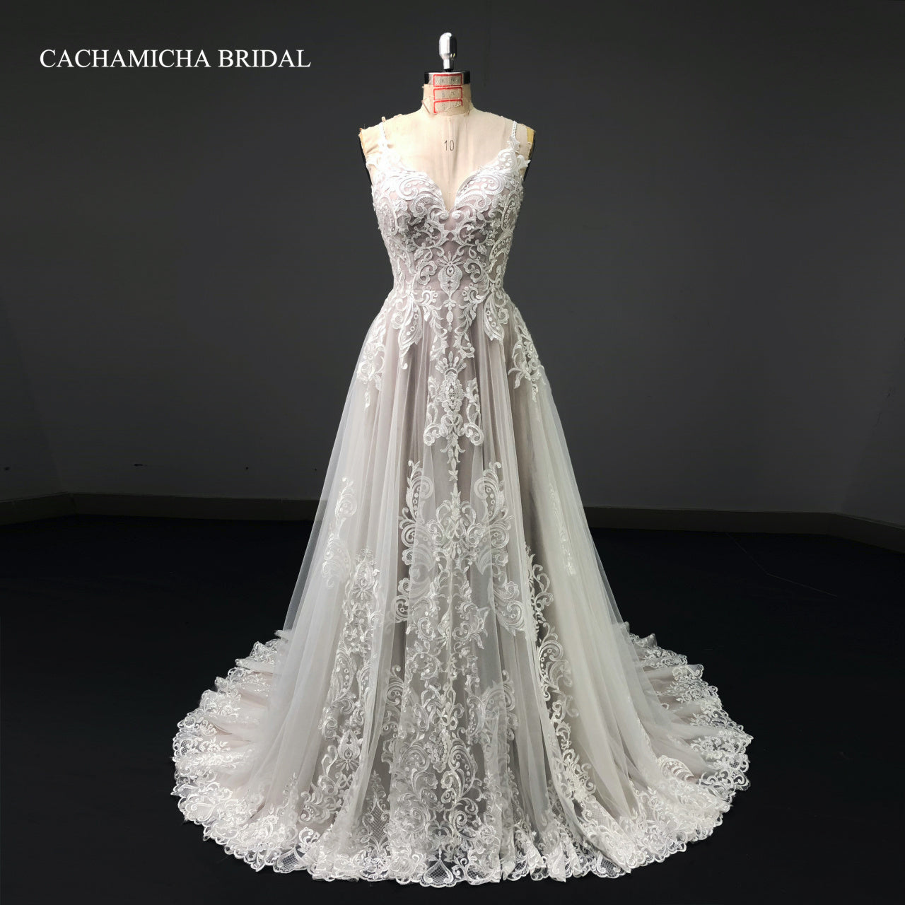 sequin embroidered lace a line bridal dress C256