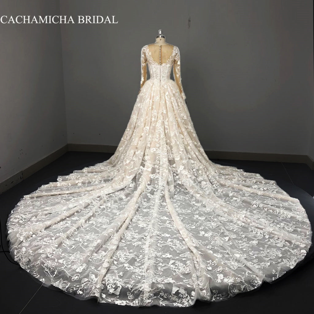 long sleeves lace long train wedding gown 1056