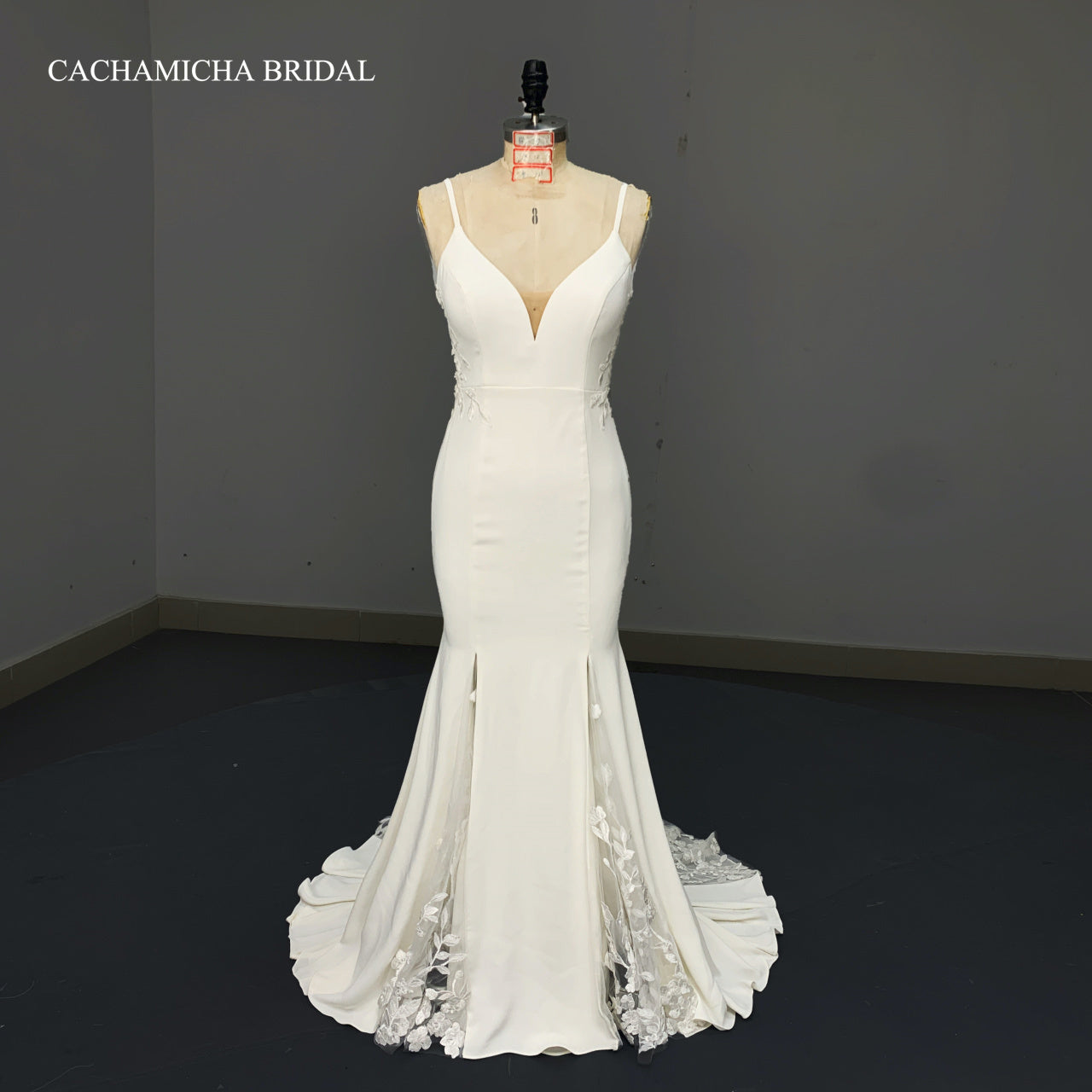 Low back lace godet crepe mermaid bridal dress 1196