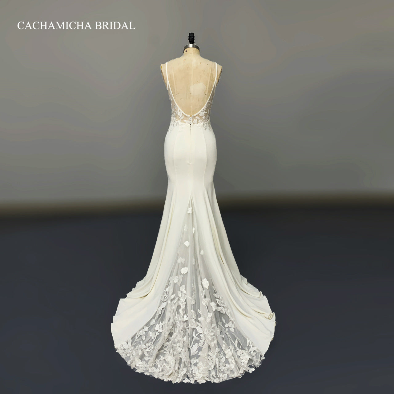 Low back lace godet crepe mermaid bridal dress 1196