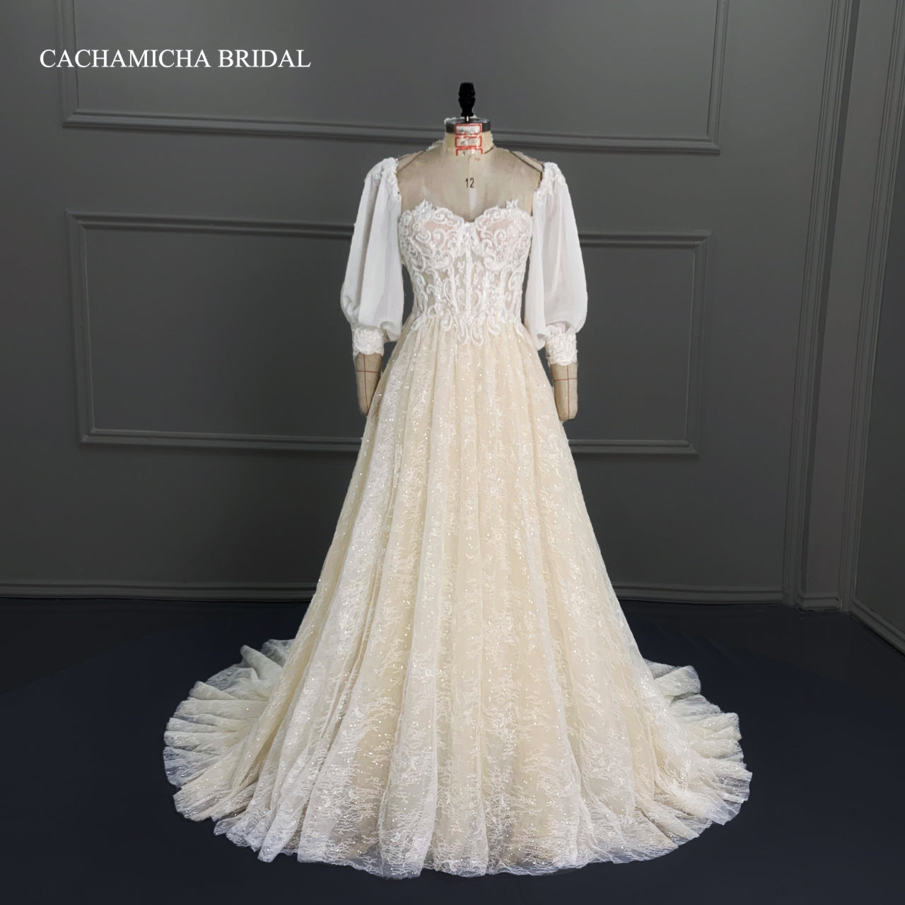Detachable Sleeves Sequin Lace Champagne Wedding Dress C3219