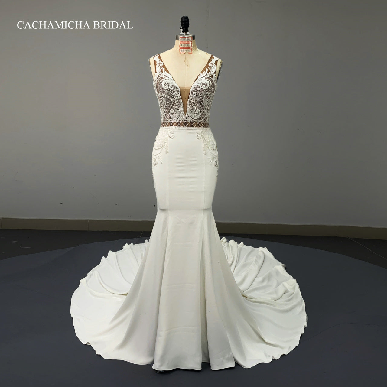 Heavy Beaded Lace Low Back Crepe Bridal Dress C388