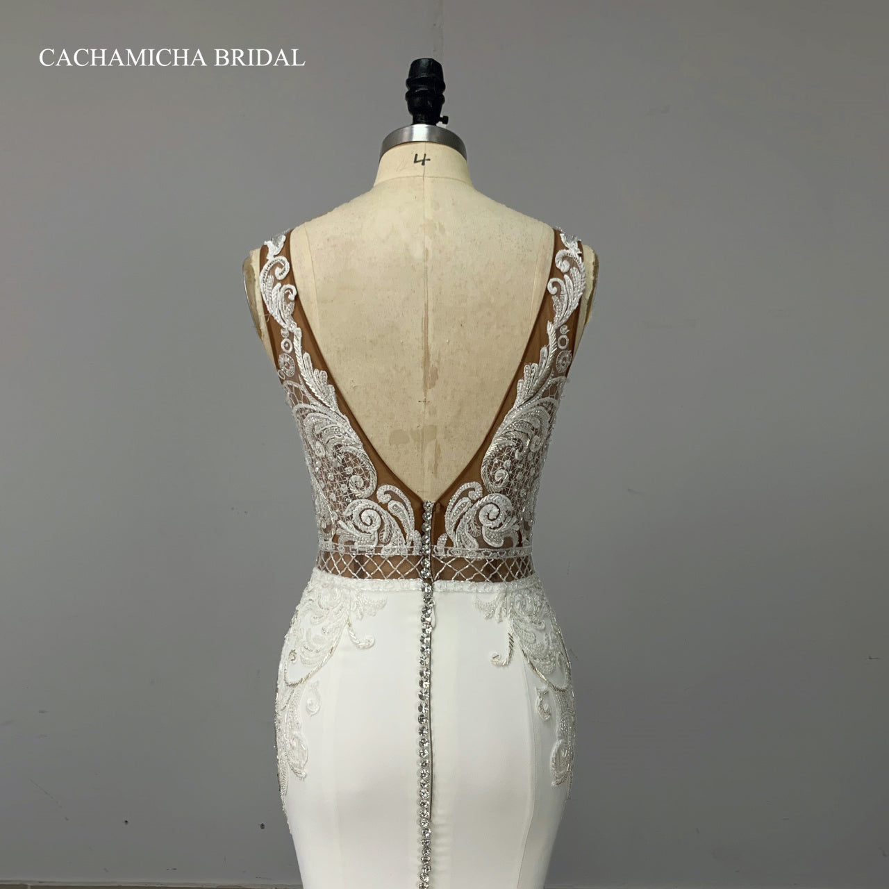 Heavy Beaded Lace Low Back Crepe Bridal Dress C388