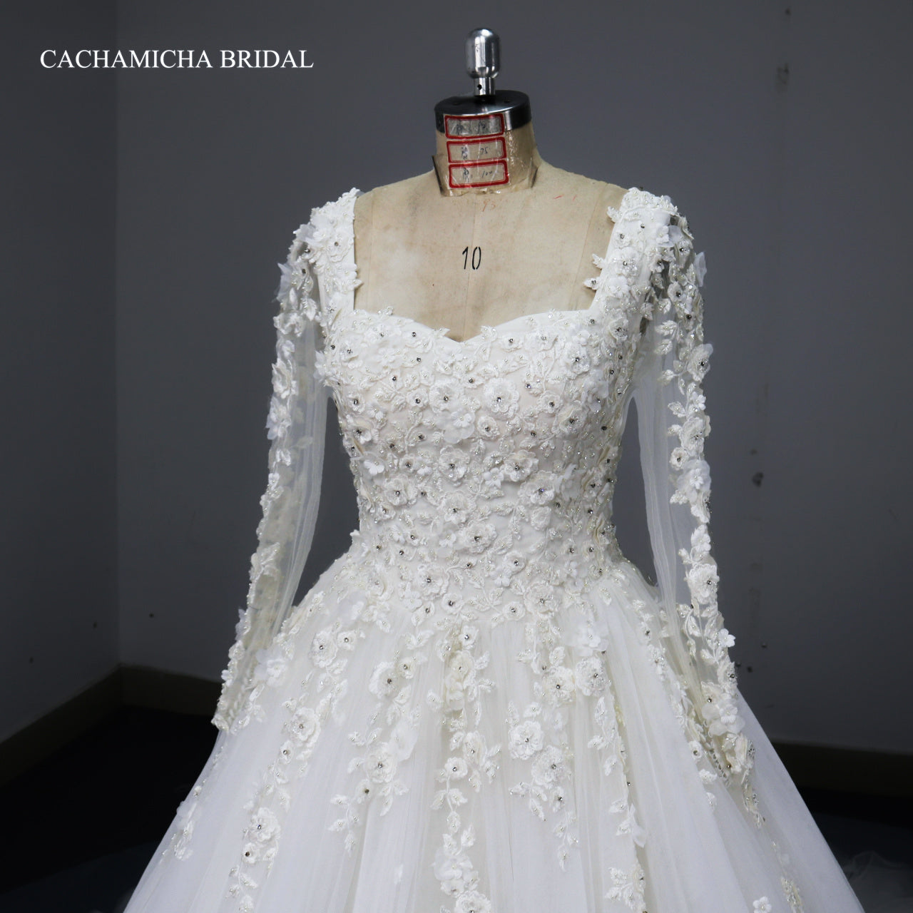 Queen Ann Neckline Long Sleeves Lace Ball Gown Wedding Dress DW06