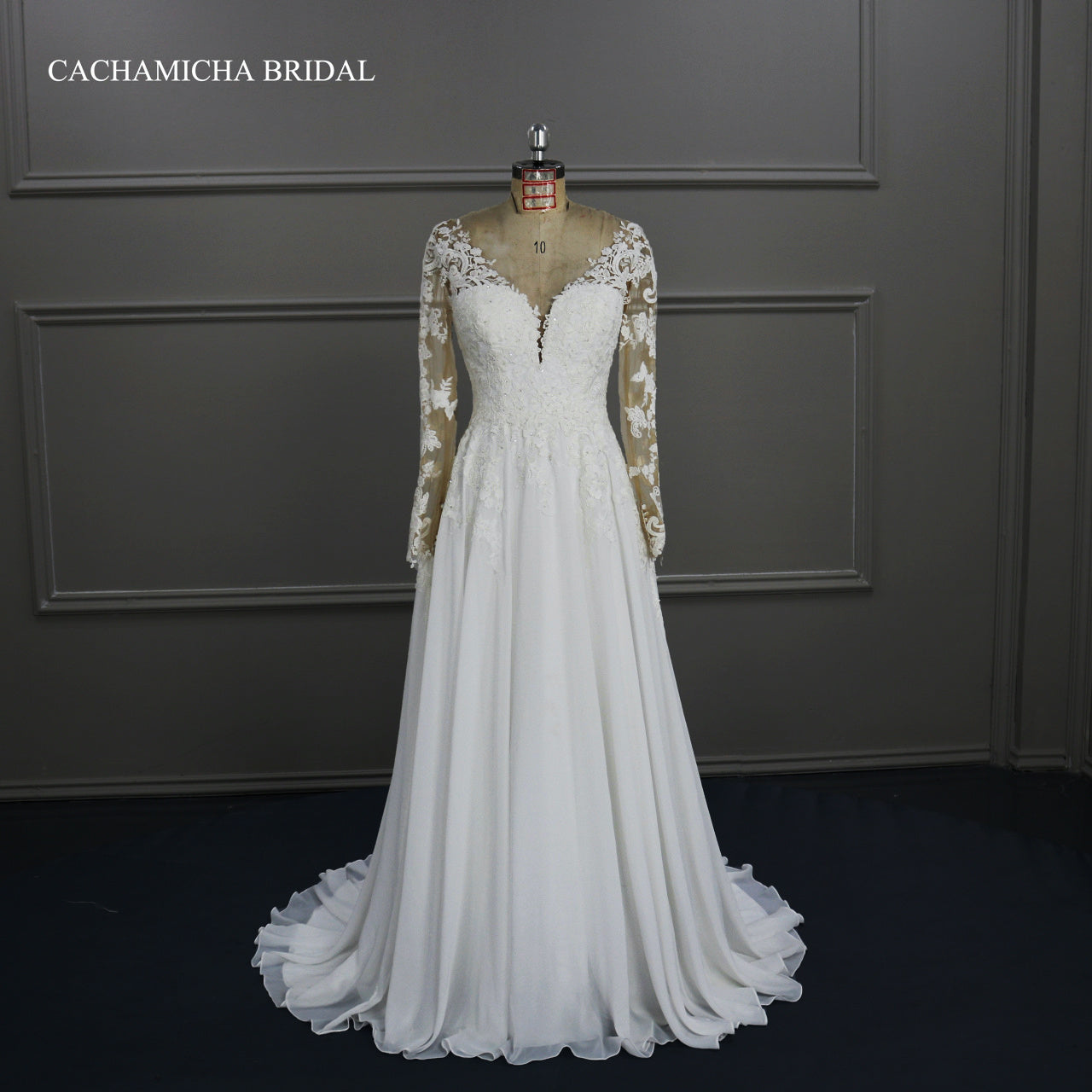 Crystal Beaded Lace Long Sleeves Chiffon Bridal G own DW21