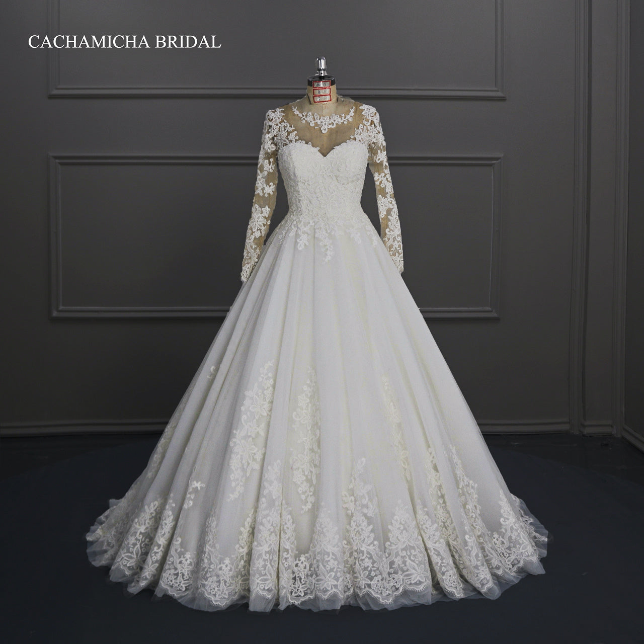 Lace Applique Ball Gown Long Sleeves Bridal Dress DW30