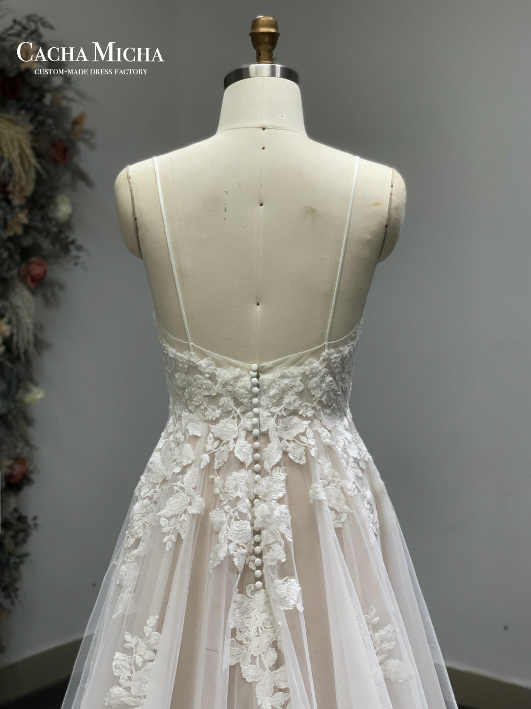 Romantic Lace Illusion Top Blush Pink Bridal Dress R3861