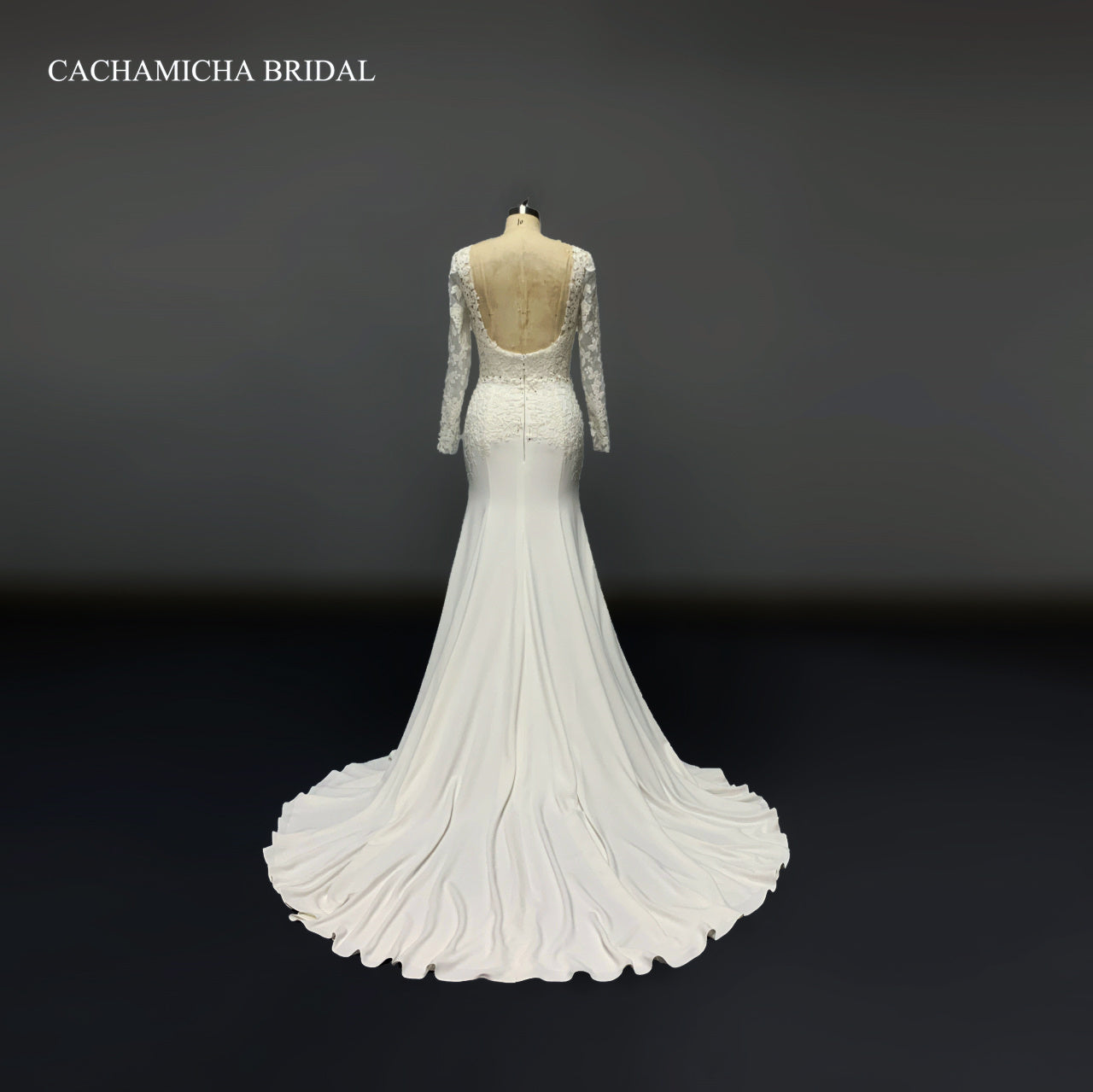 Elegant Long Sleeves Lace Crepe Bridal Gown 3925