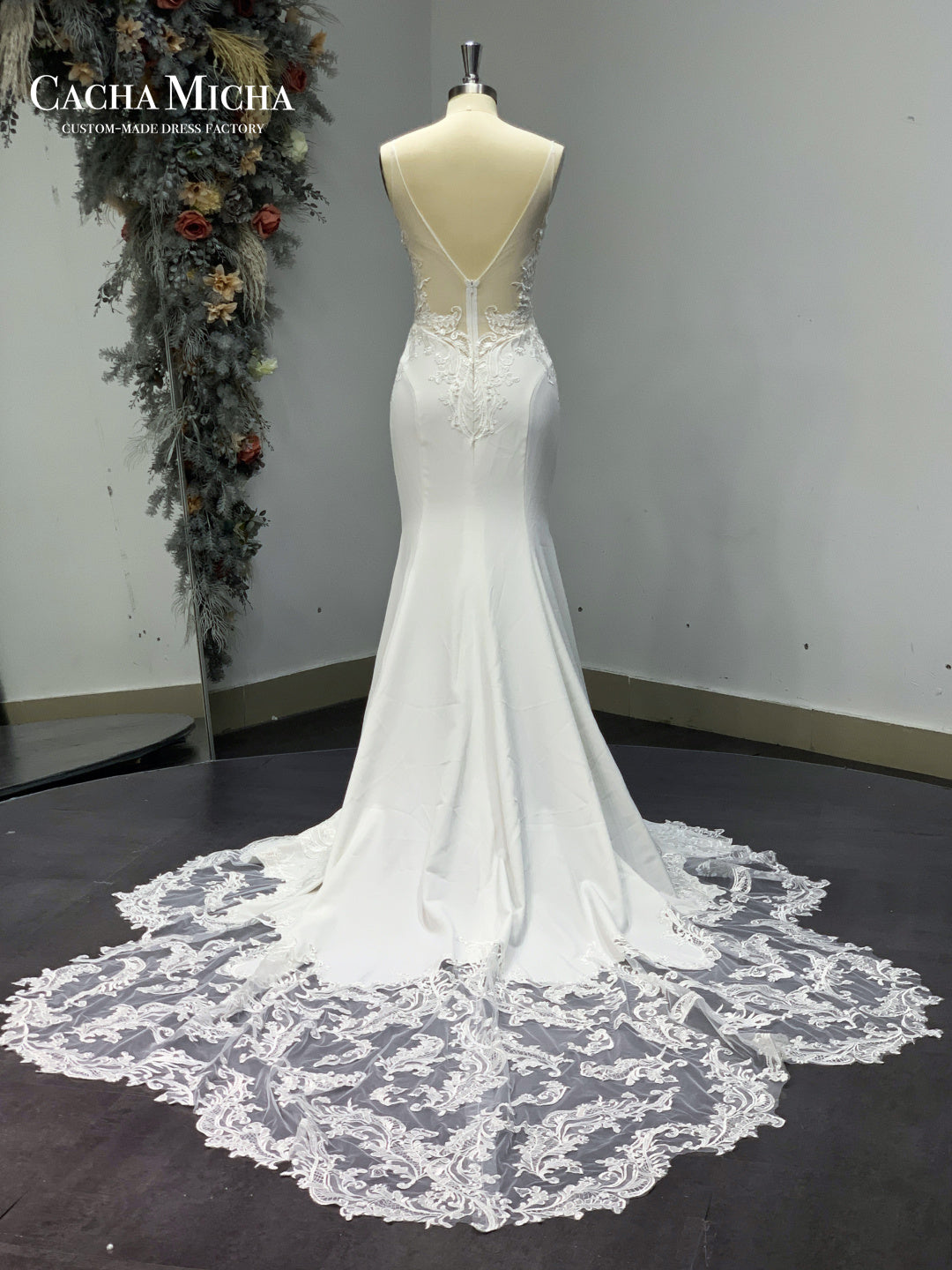 Illusion Floral Train Lace Mermaid Bridal Dress R4177
