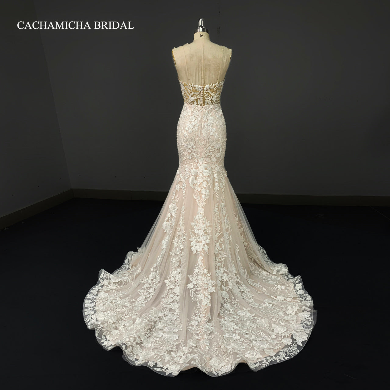 Detachable Over Skirt Blush Beaded Lace Bridal Dress 4175