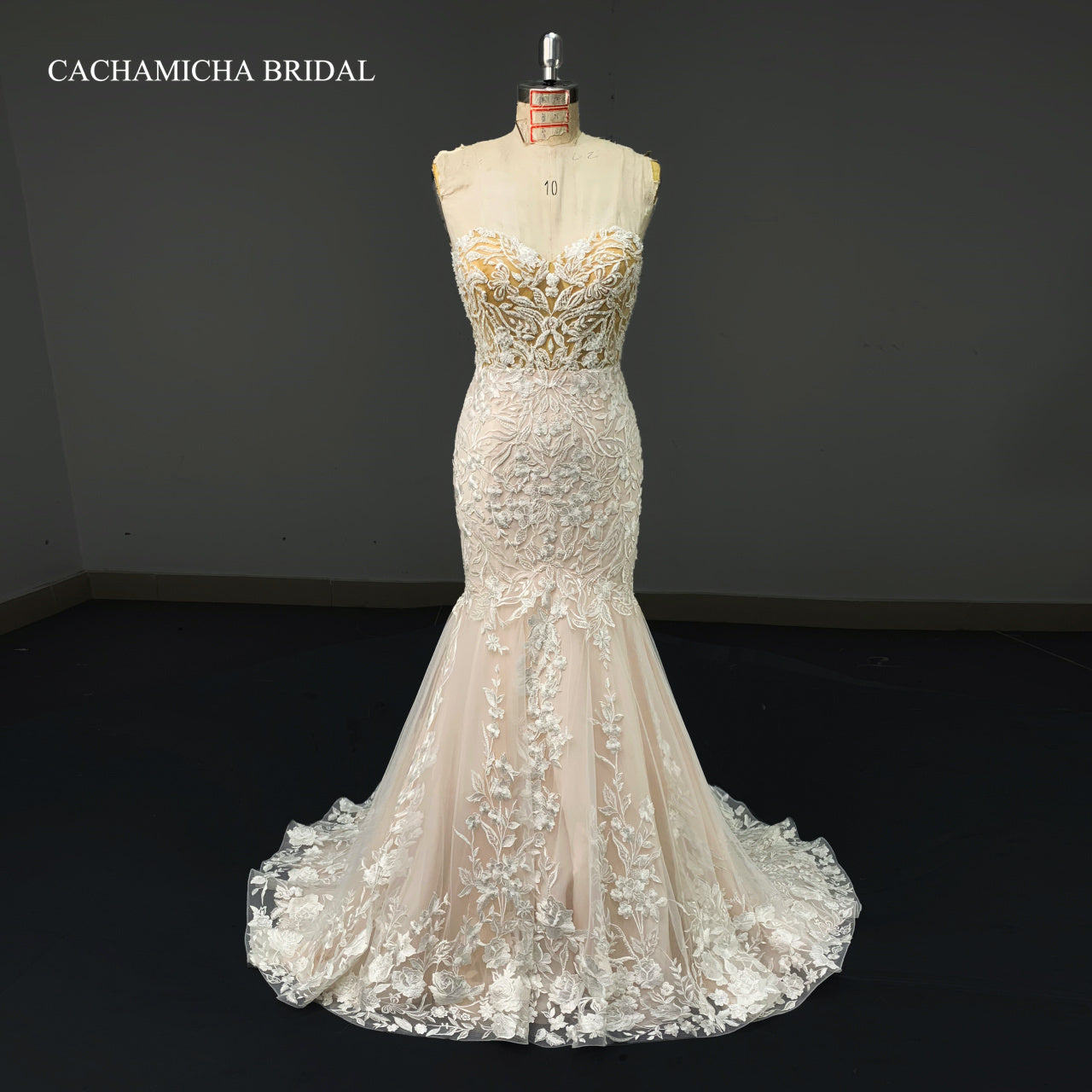 Detachable Over Skirt Blush Beaded Lace Bridal Dress 4175