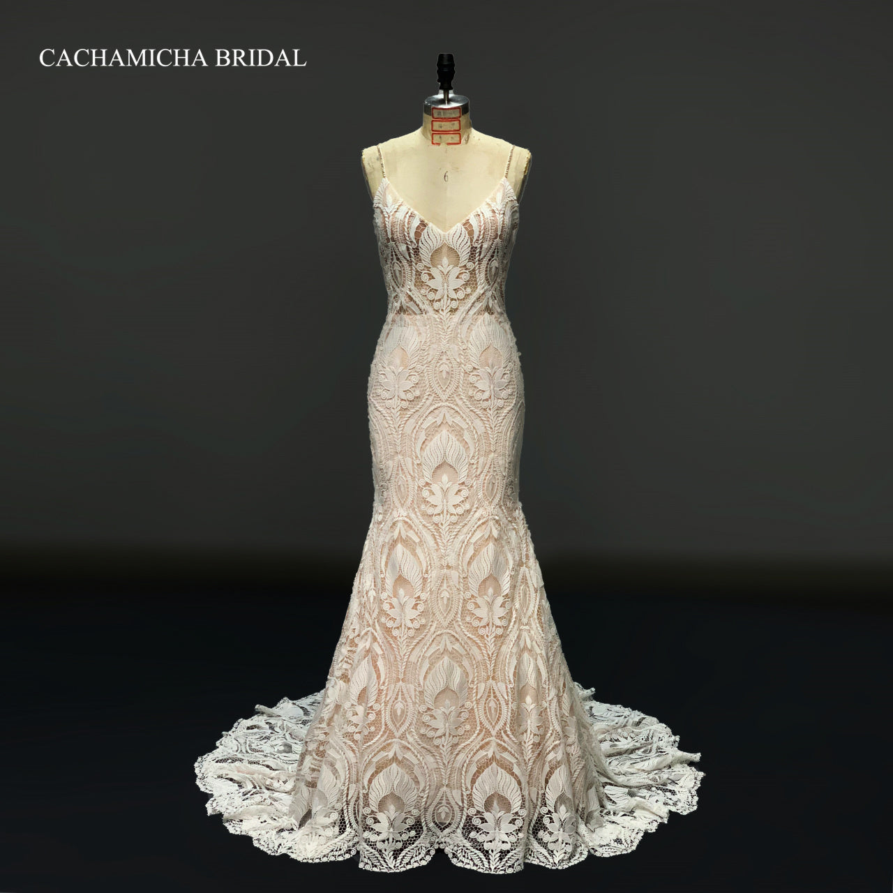 Low Back Bohemia Lace Blush Mermaid Wedding Gown 4196